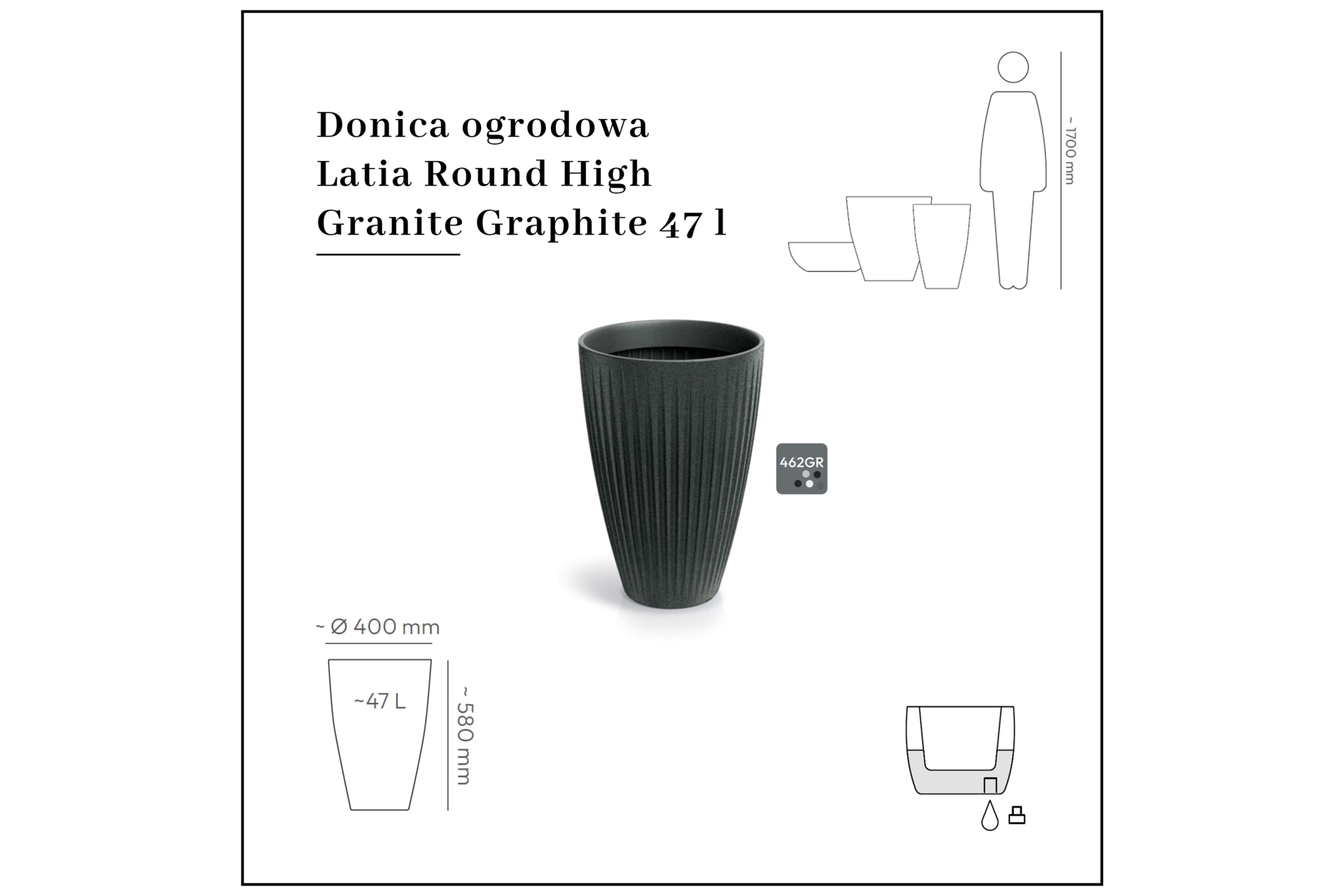 Donica ogrodowa Latia Round High Granite Graphite 47 l