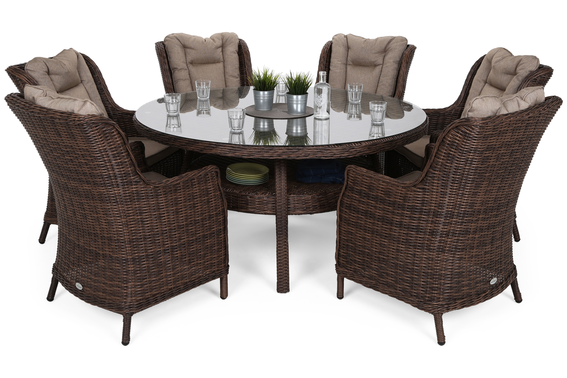 Meble ogrodowe technorattanowe Bristol Round Elegant 150 cm Brown Mat / Brown Melange 6+1