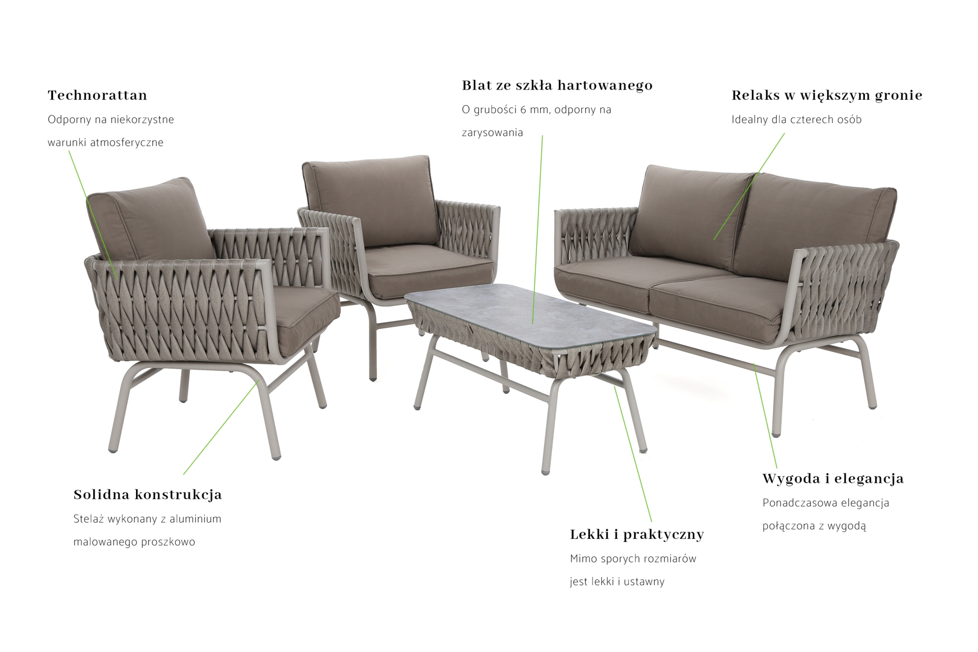 Zestaw mebli aluminiowych Tasos Cream / Latte - dla 4 osób  Meble ogrodowe technorattanowe Tasos Cream / Latte
