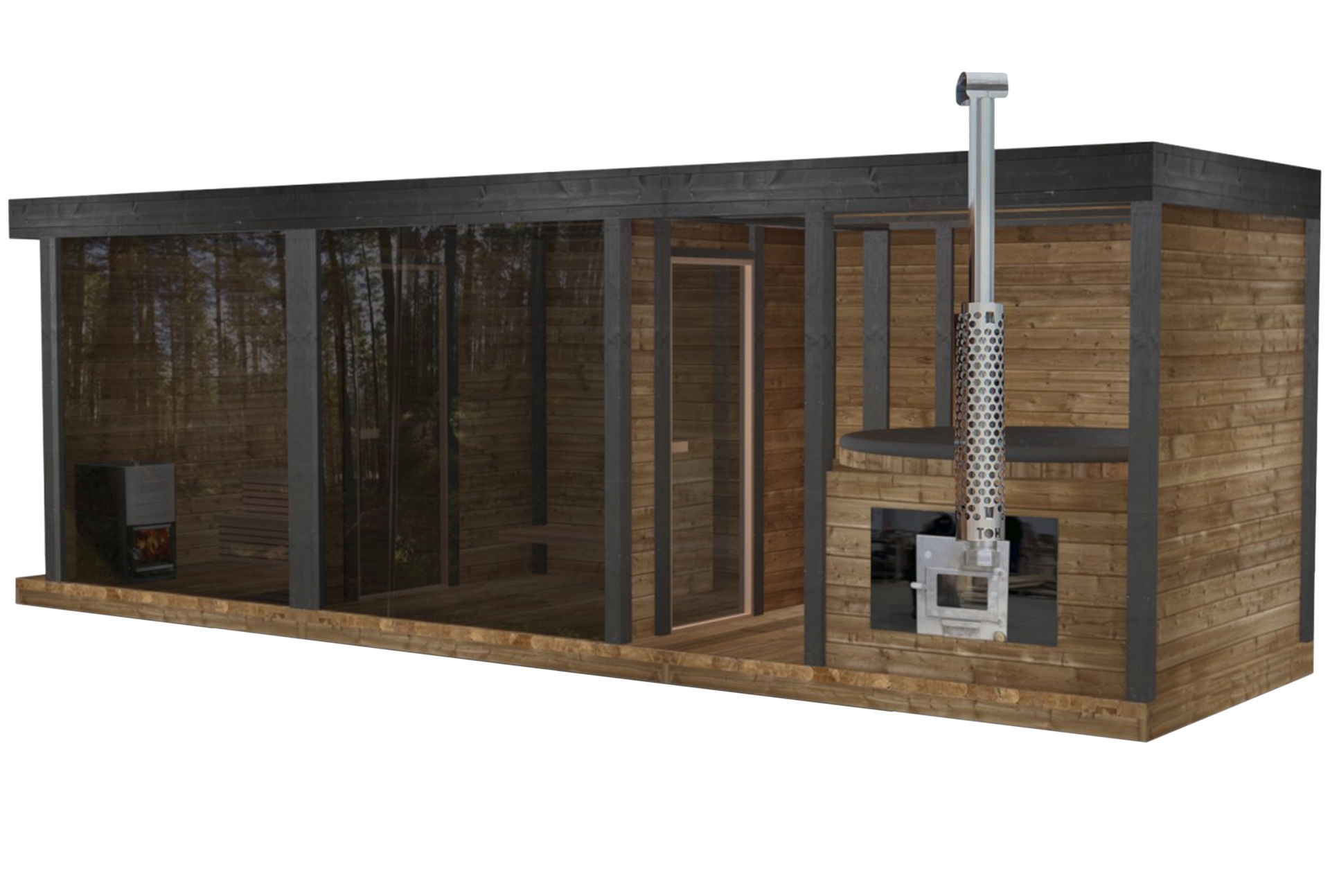 Sauna fińska zewnętrzna TerModula z balią i szatnią 750 x 210 cm