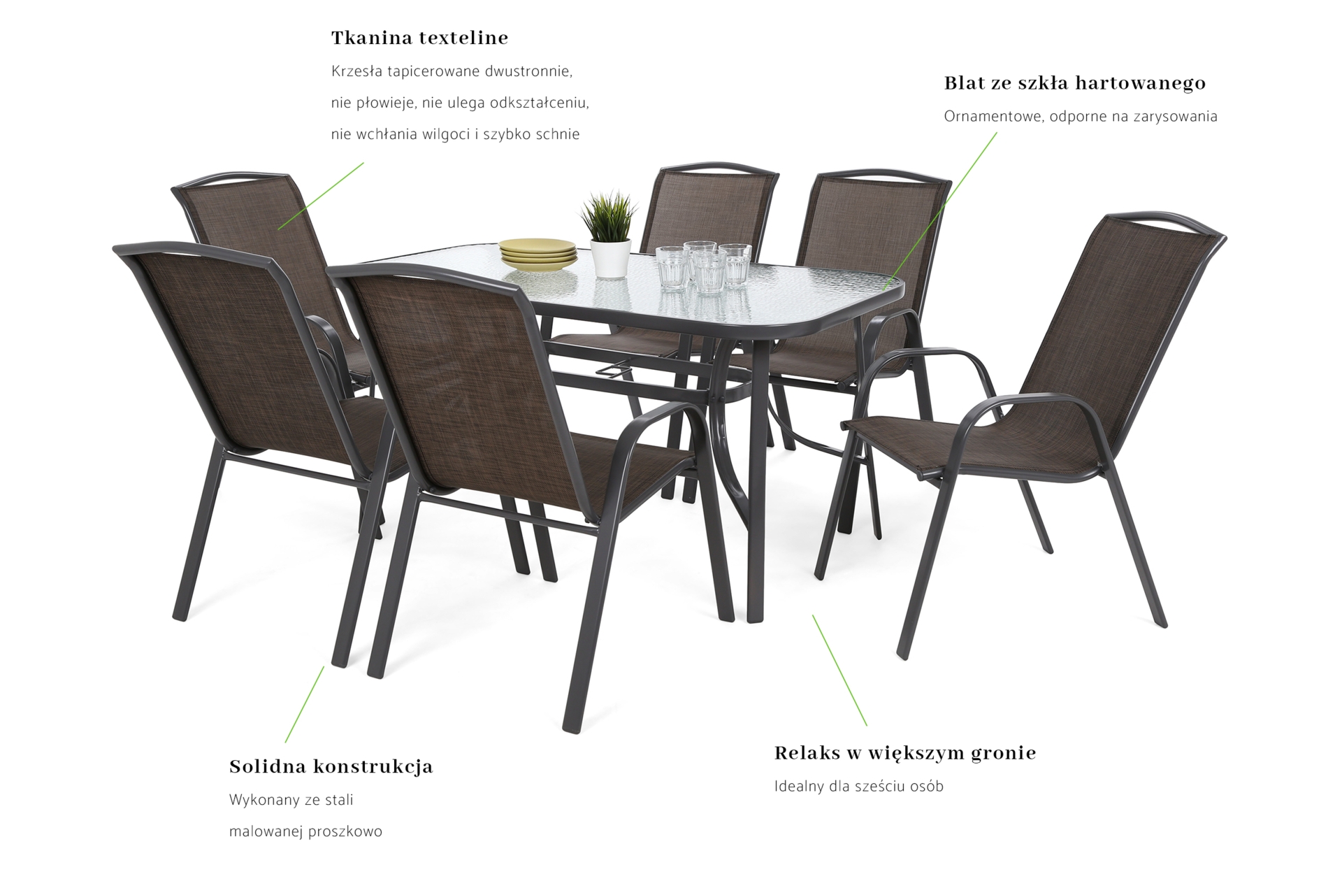 Meble ogrodowe metalowe Sevilla 145 cm Atlanta Grey / Brown 6+1