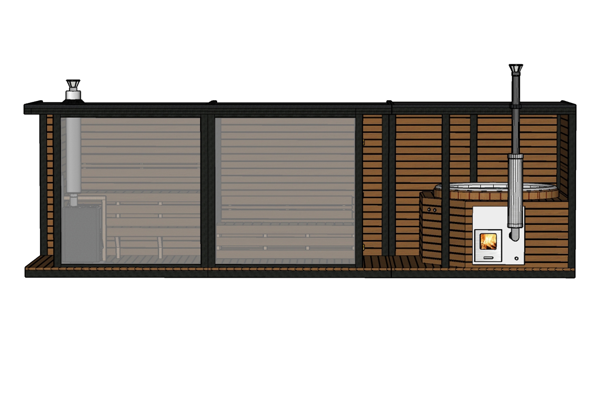 Sauna fińska zewnętrzna TerModula z balią i szatnią 750 x 210 cm