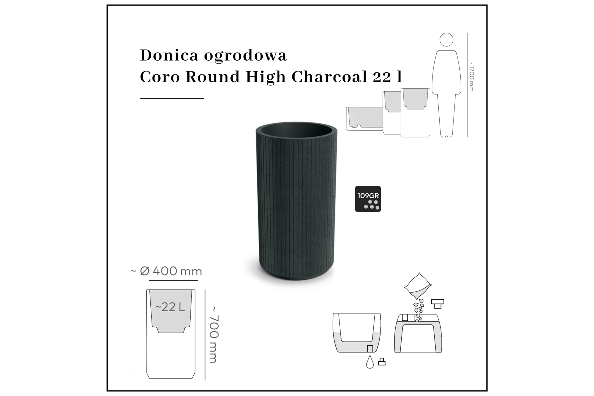 Donica ogrodowa Coro Round High Charcoal 22 l