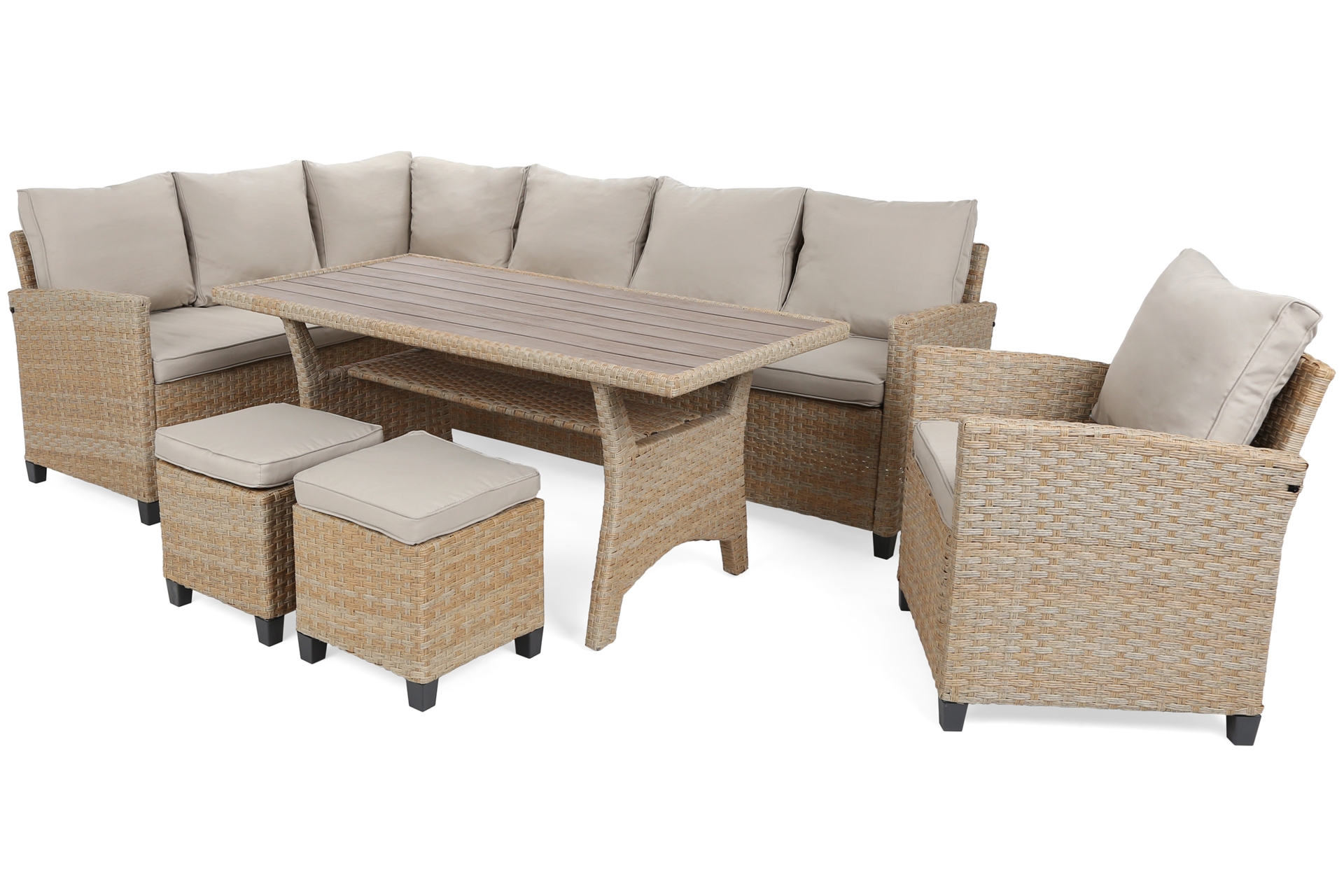 Narożne meble ogrodowe technorattanowe Lagos Beige / Ecru - dla 9 osób - beżowy Narożne meble ogrodowe technorattanowe Lagos Beige / Ecru