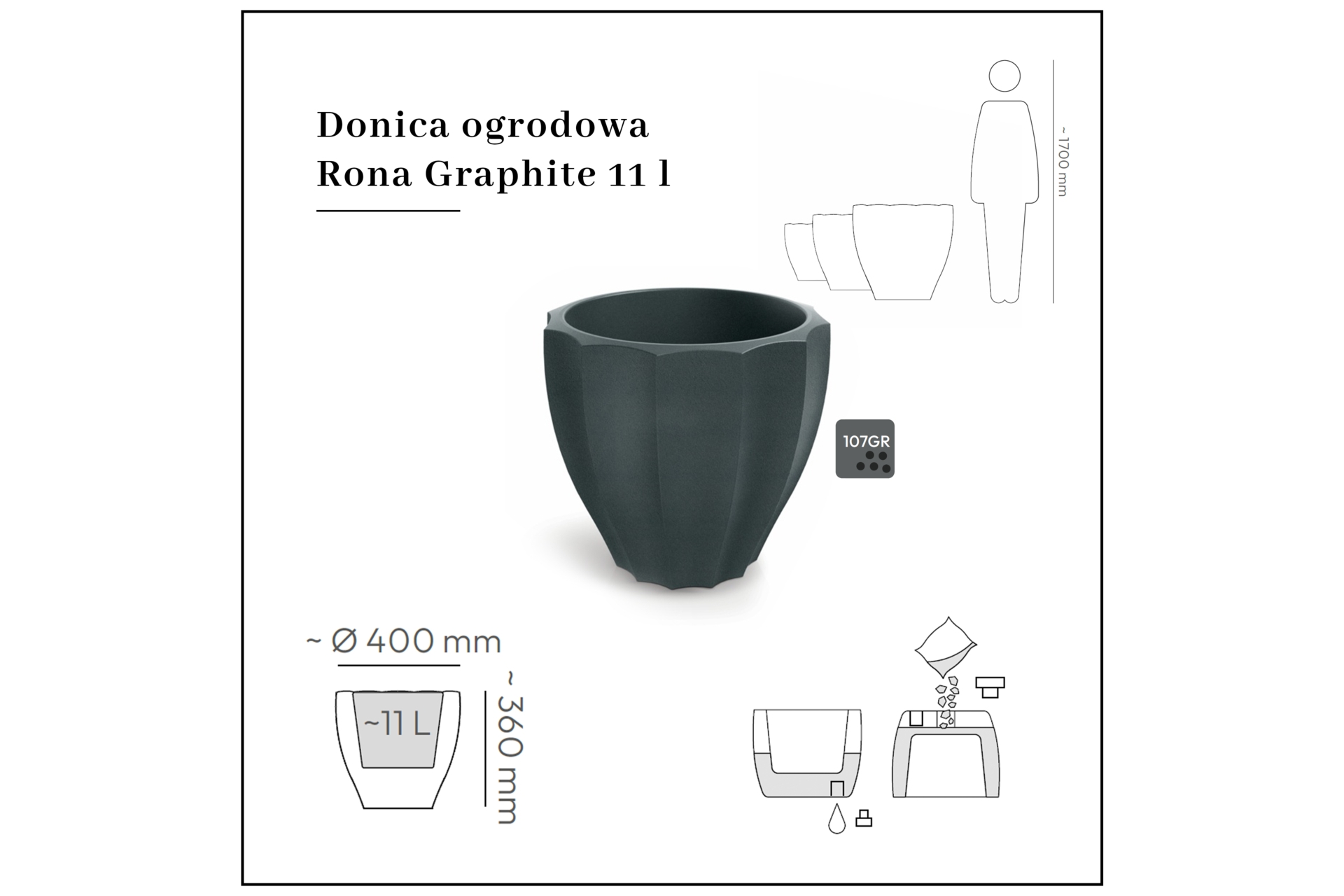 Donica ogrodowa Rona Graphite 11 l