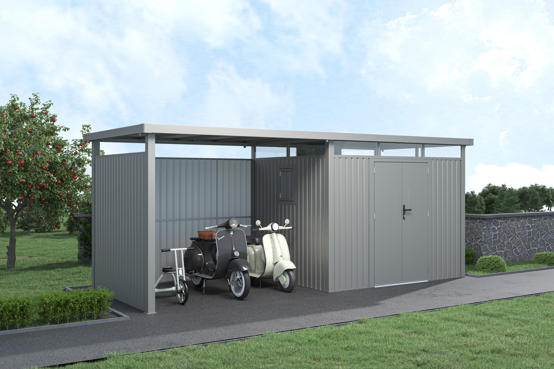 Domek narzędziowy Kopenhaga 569 x 230 cm Silver Grey z wiatą - szary - nowoczesny Domek narzędziowy Kopenhaga 569 x 230 cm Silver Grey z wiatą