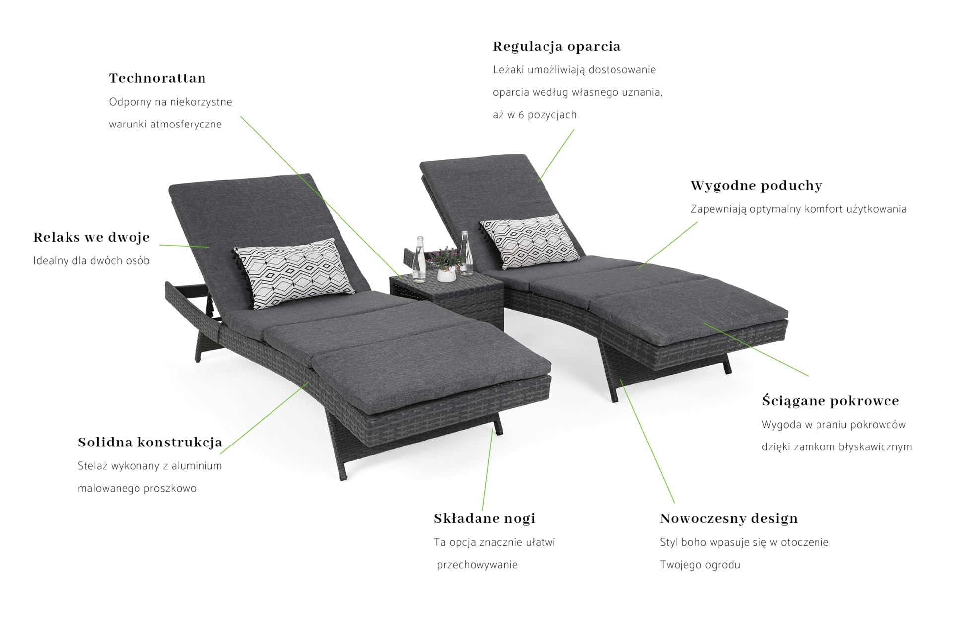 Zestaw leżaków ogrodowych z technorattanu Bora Bora Grey / Grey Melange ze stolikiem
