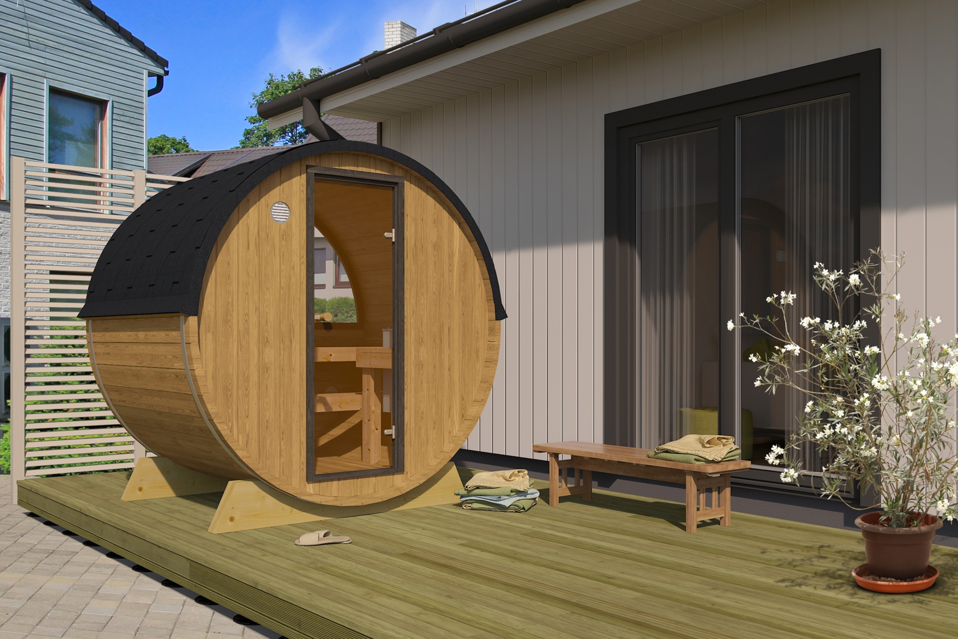 Sauna fińska zewnętrzna Terrace 160 cm - beczka Sauna fińska zewnętrzna Terrace 160 cm