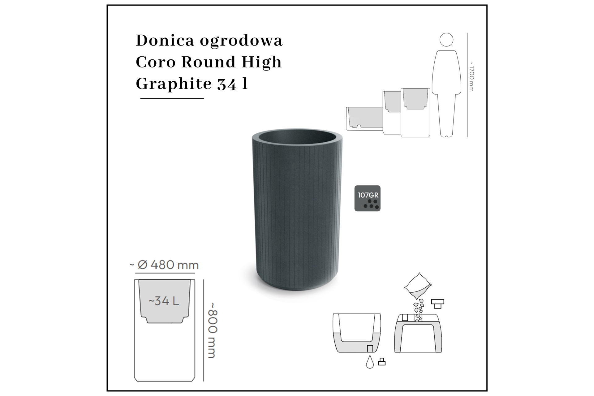 Donica ogrodowa Prosperplast Coro Round High Graphite 34 l