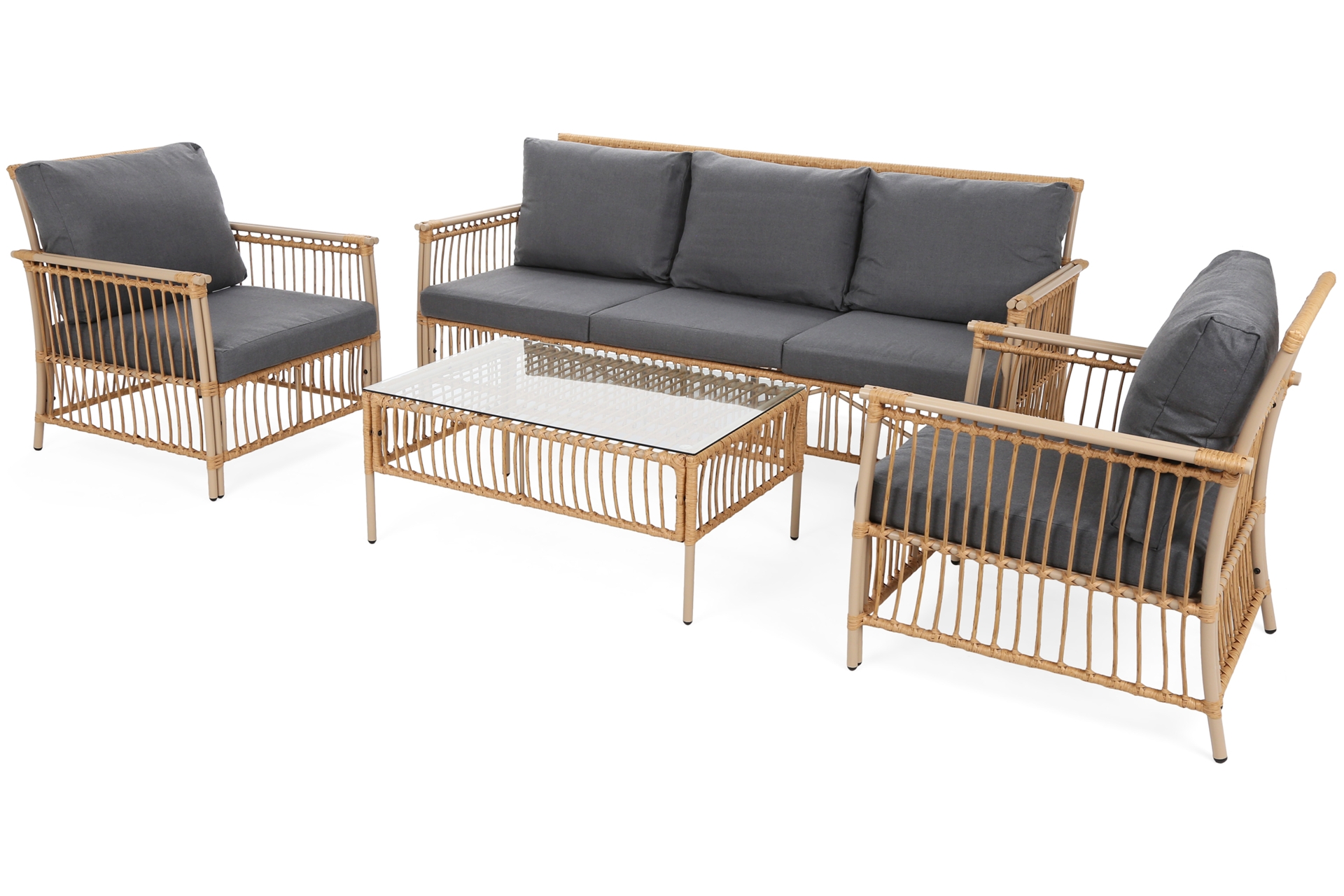 Meble ogrodowe technorattanowe Sycylia Beige / Grey - dla 5 osób - w stylu boho Meble ogrodowe technorattanowe Sycylia Beige / Grey