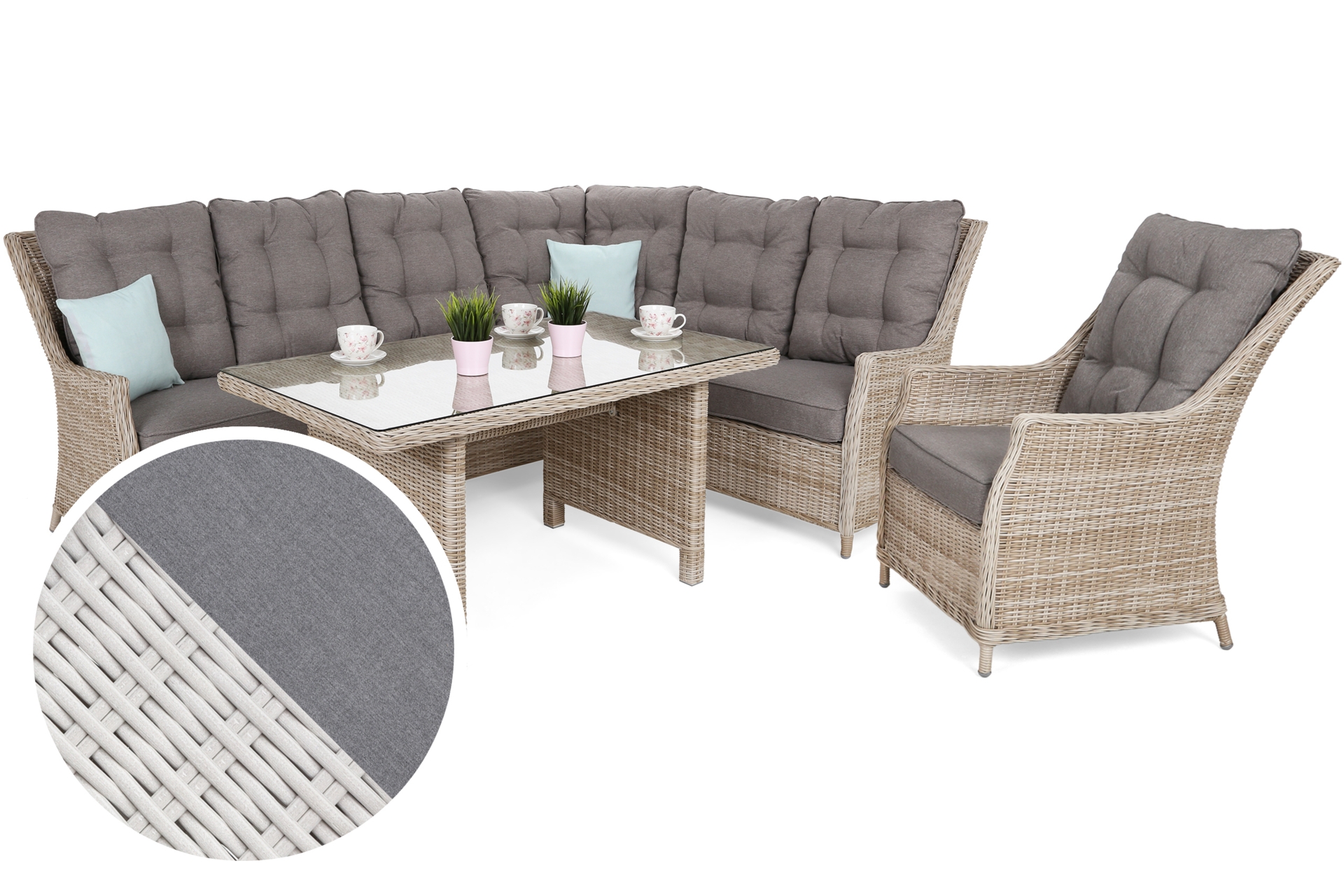 Narożny zestaw mebli ogrodowych prawy Alicante White / Grey