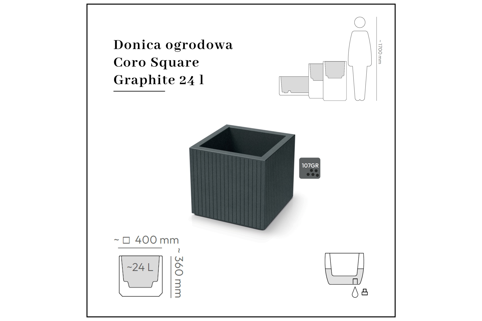 Donica ogrodowa Coro Square Graphite 24 l