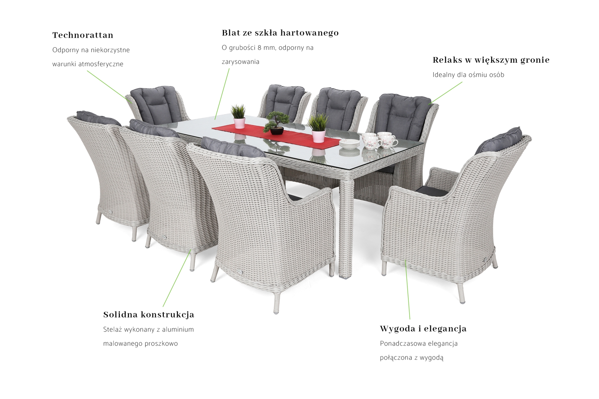 Meble ogrodowe technorattanowe Bristol 230 cm White / Grey - biały - dla 8 osób Meble ogrodowe technorattanowe Bristol 230 cm White / Grey 8+1