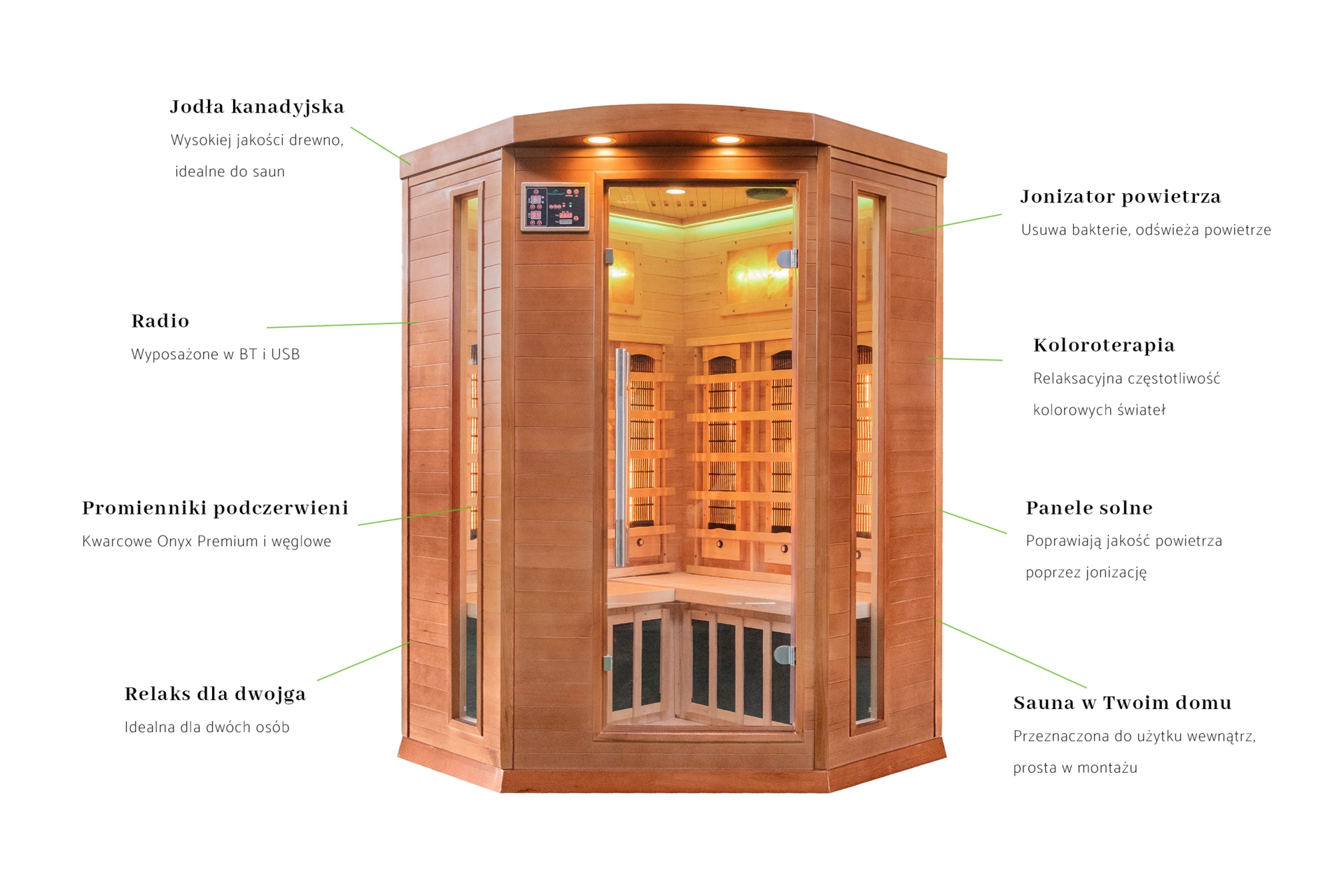 Sauna infrared narożna Nordum Classic 2-osobowa WiFi brązowa