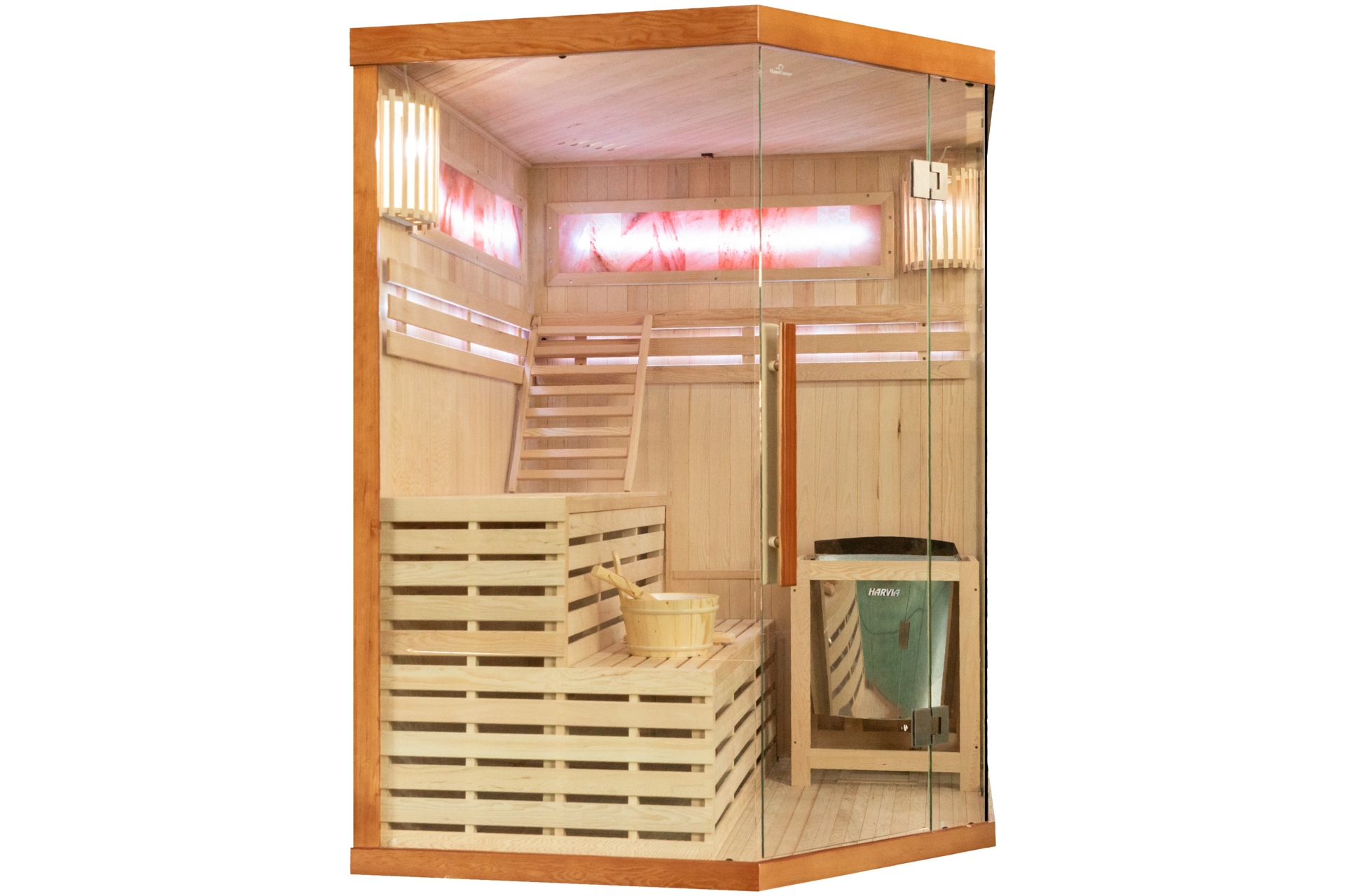 Sauna fińska narożna Nordum Solea 3-osobowa brązowa - drewniana - z panelami solnymi Sauna fińska narożna Nordum Solea 3-osobowa brązowa