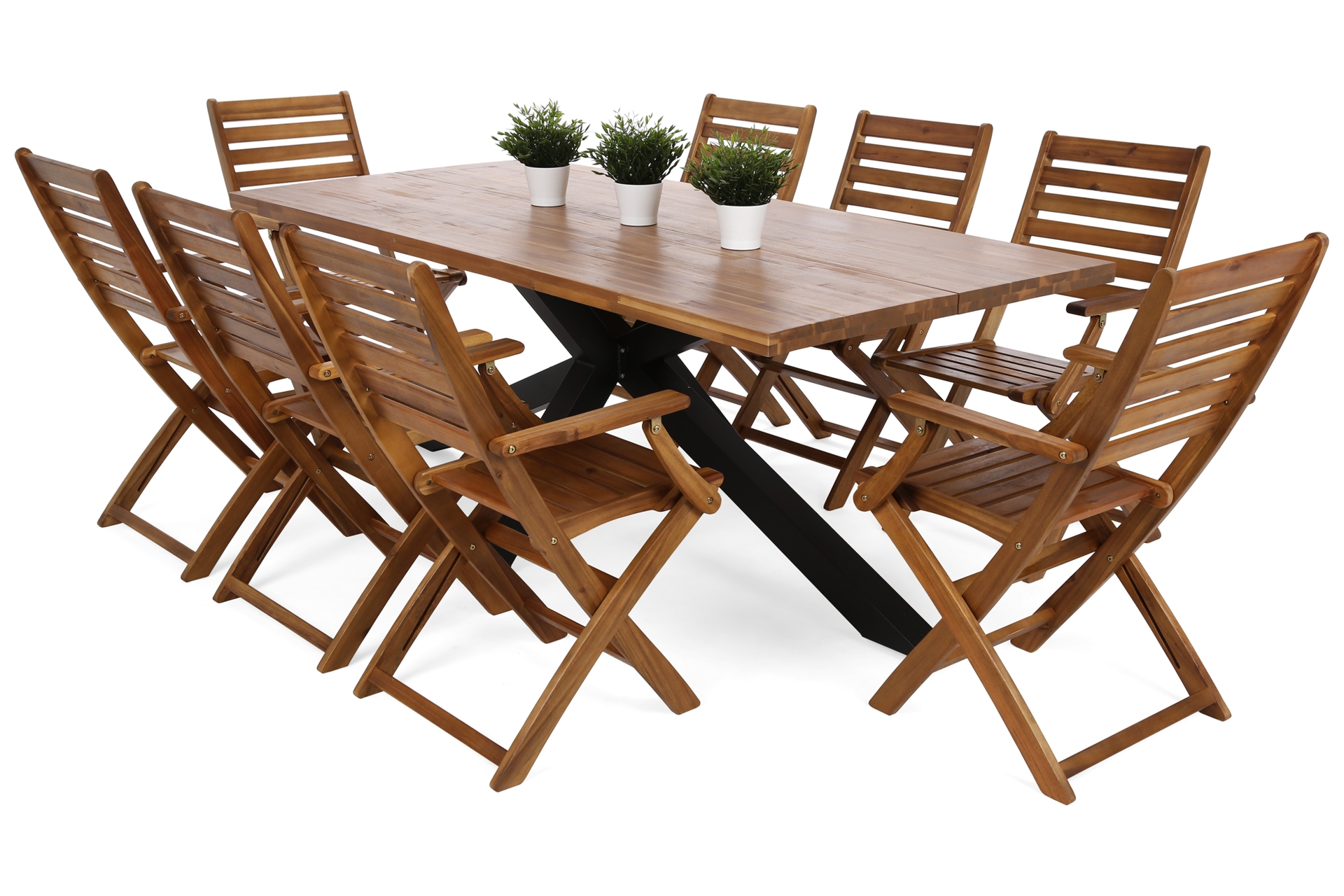 Meble ogrodowe drewniane Oregon 200 cm Black / Teak + Akacja Cross 8+1 - dla 8 osób - składane krzesła Meble ogrodowe drewniane Oregon 200 cm Black / Teak + Akacja Cross 8+1