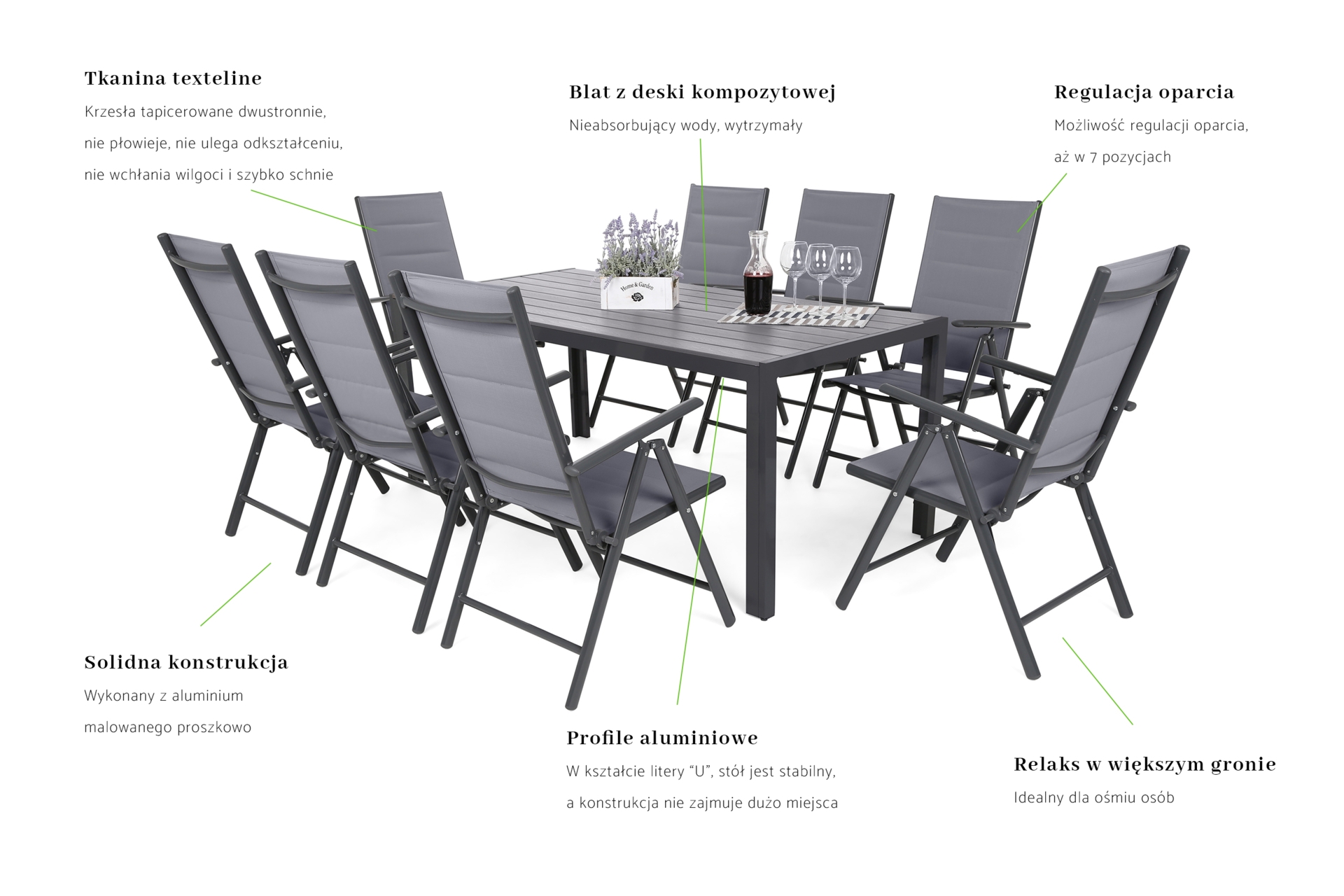 Meble ogrodowe aluminiowe Ibiza 185 cm Grey / Window Grey 8+1