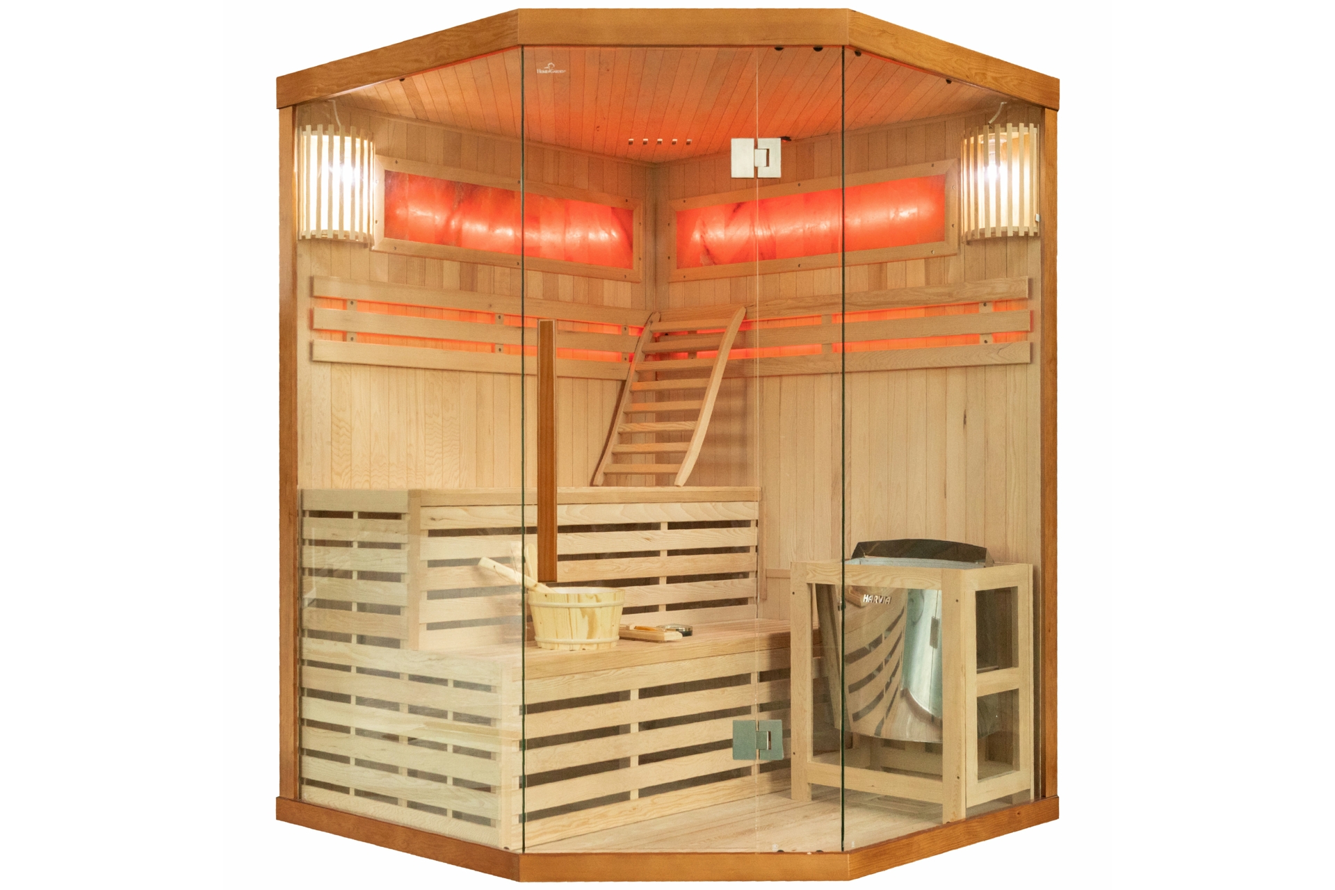 Sauna fińska narożna Nordum Solea 3-osobowa brązowa - drewniana - z panelami solnymi Sauna fińska narożna Nordum Solea 3-osobowa brązowa