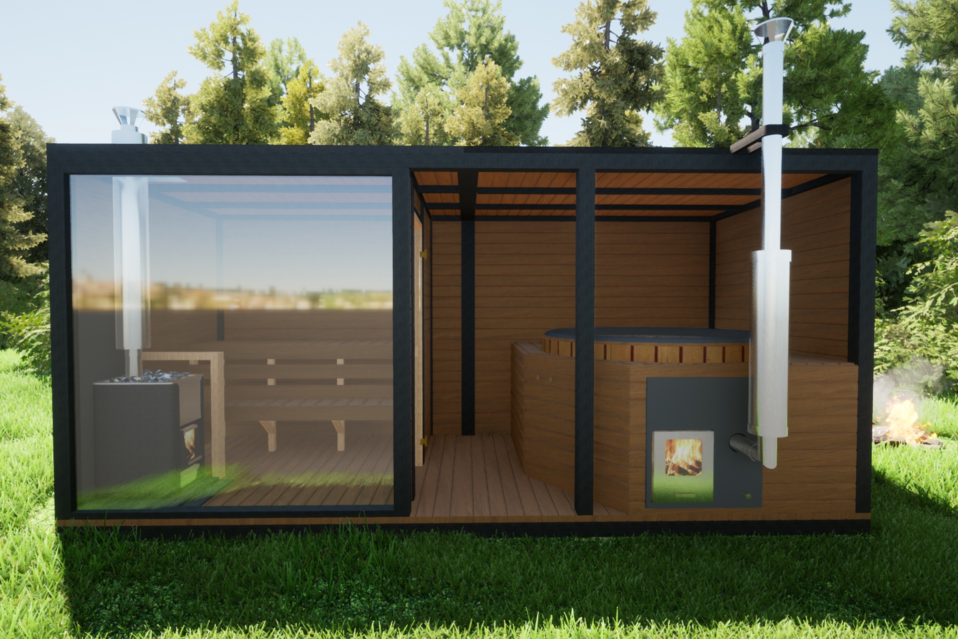 Sauna fińska zewnętrzna TerModula z balią 500 x 210 cm