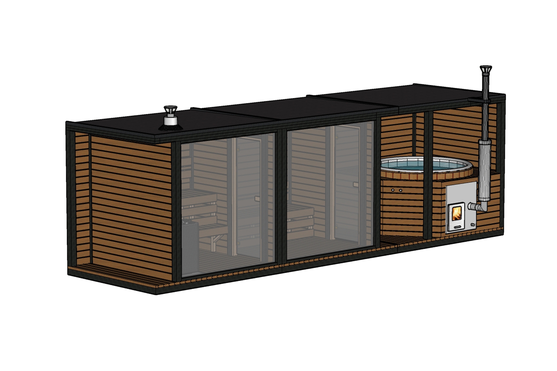 Sauna fińska zewnętrzna TerModula z balią i szatnią 750 x 210 cm