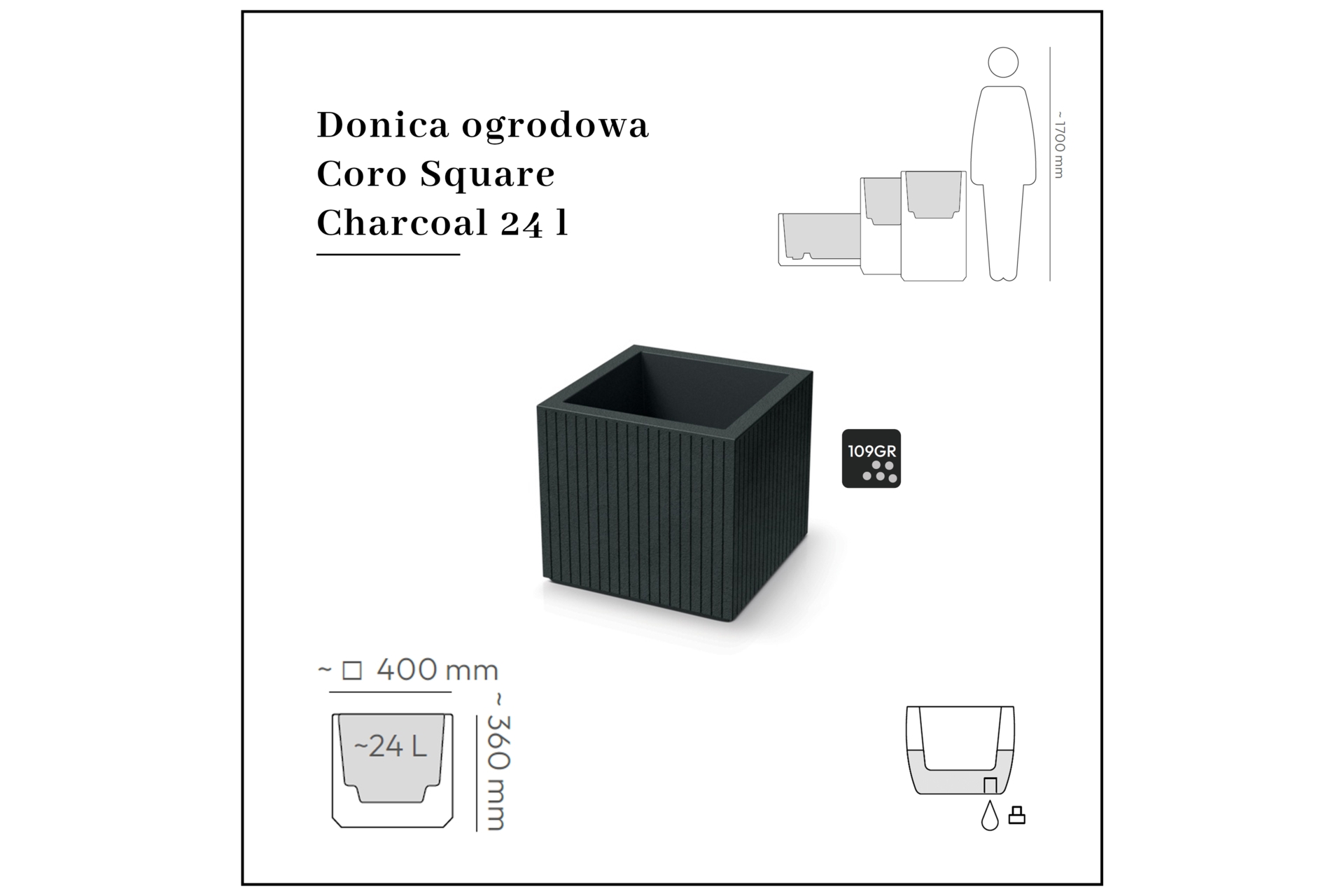 Donica ogrodowa Coro Square Charcoal 24 l