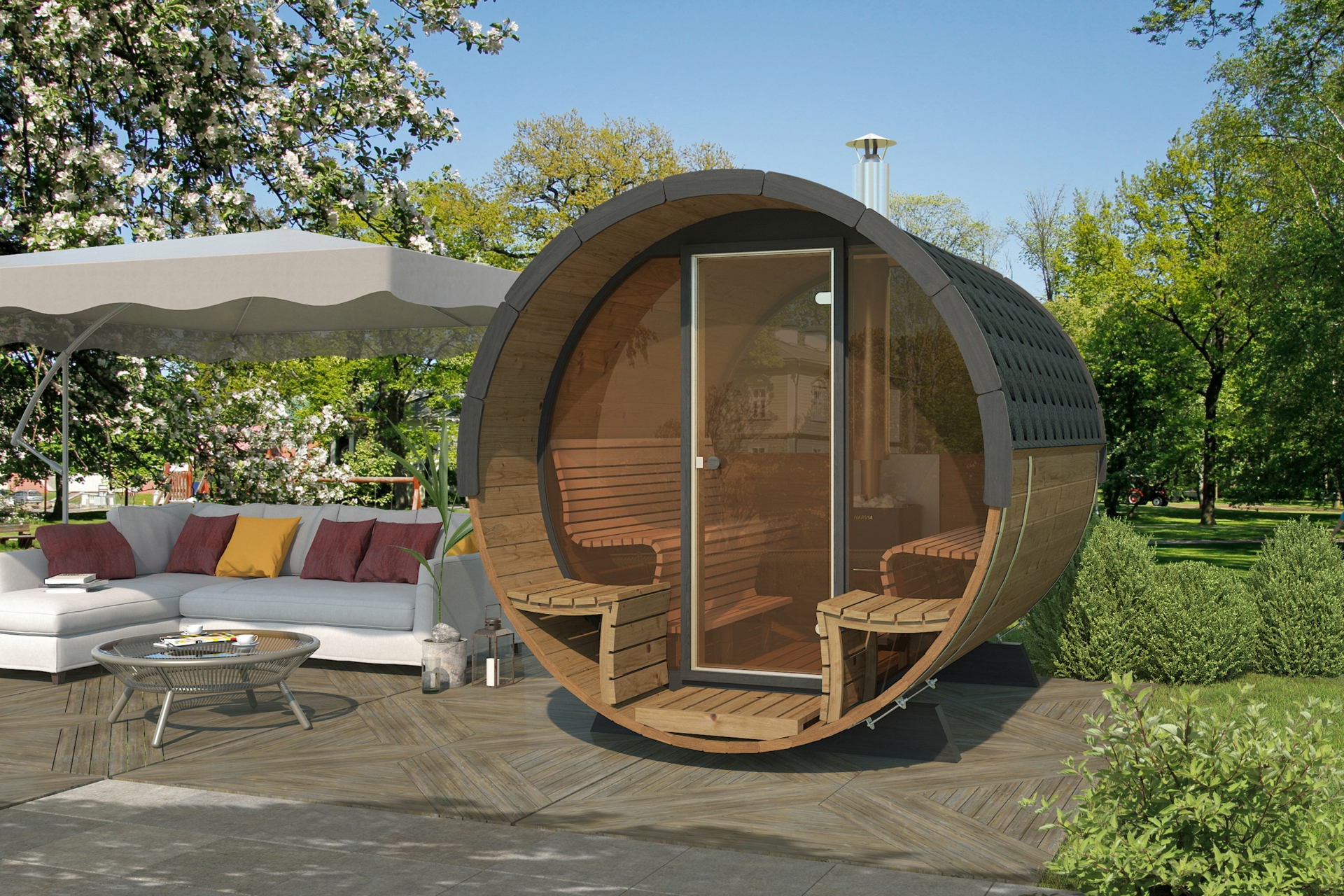 Sauna fińska zewnętrzna Lux Barrelsauna 235 x 280 cm