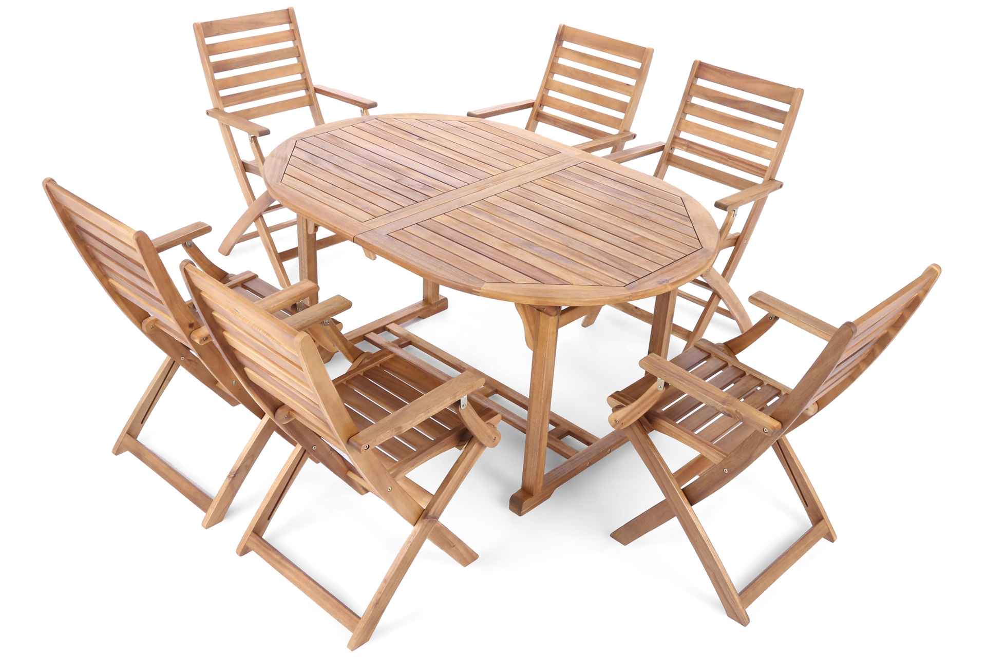 Meble ogrodowe drewniane Akacja Oval Cross 150+50 cm 6+1