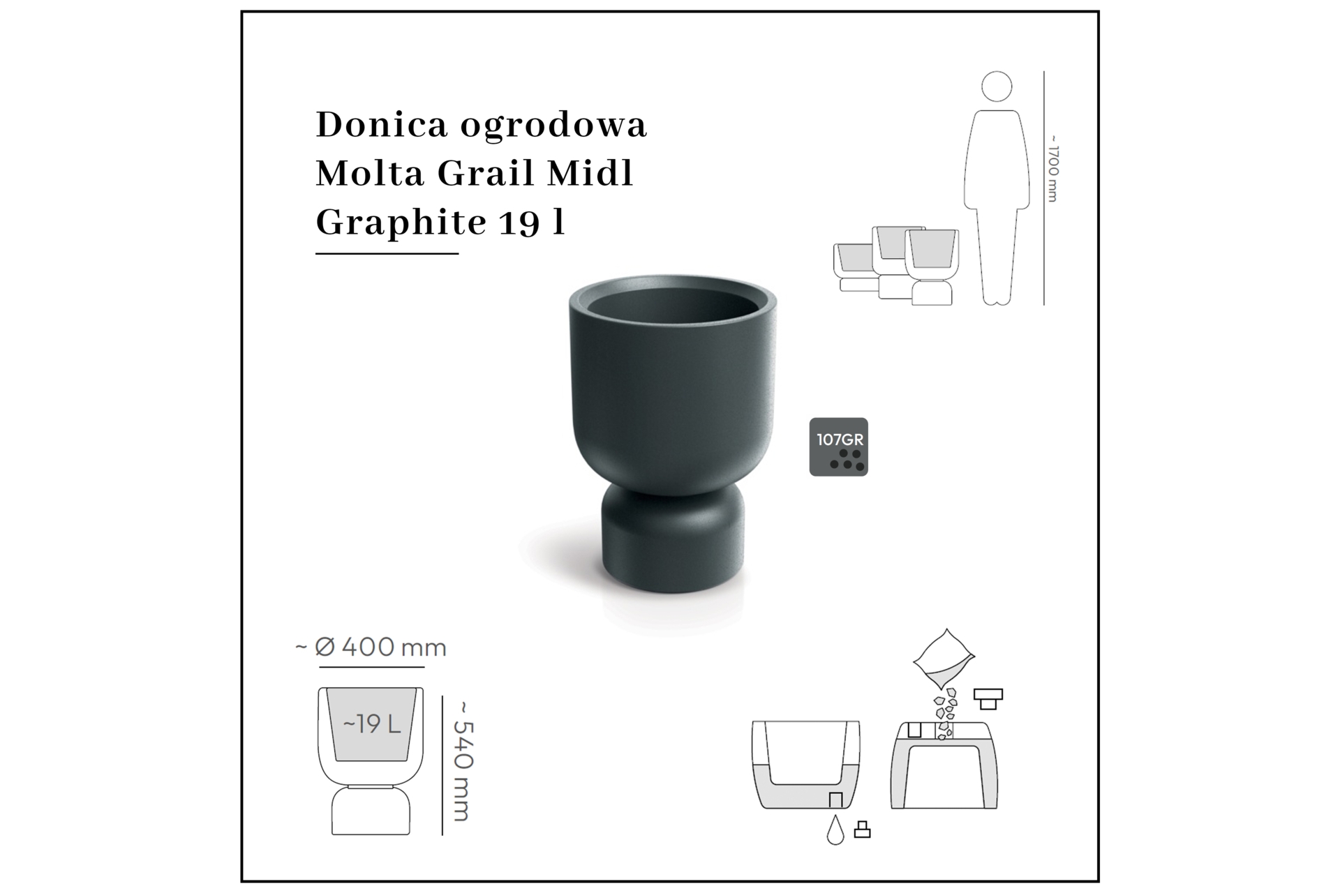 Donica ogrodowa Molta Grail Midl Graphite 19 l