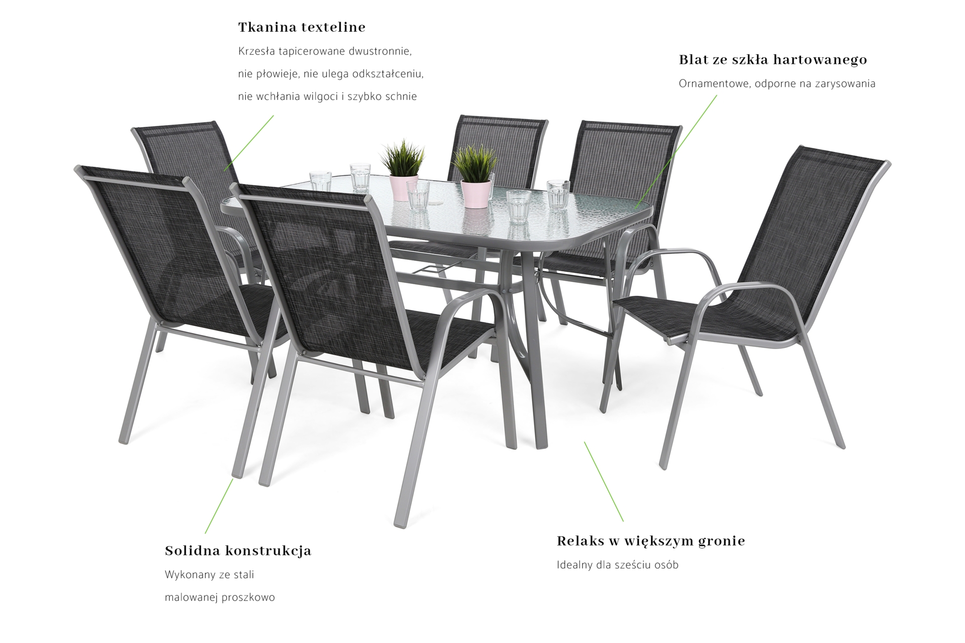 Meble ogrodowe metalowe Sevilla 150 cm Silver / Black Melange 6+1