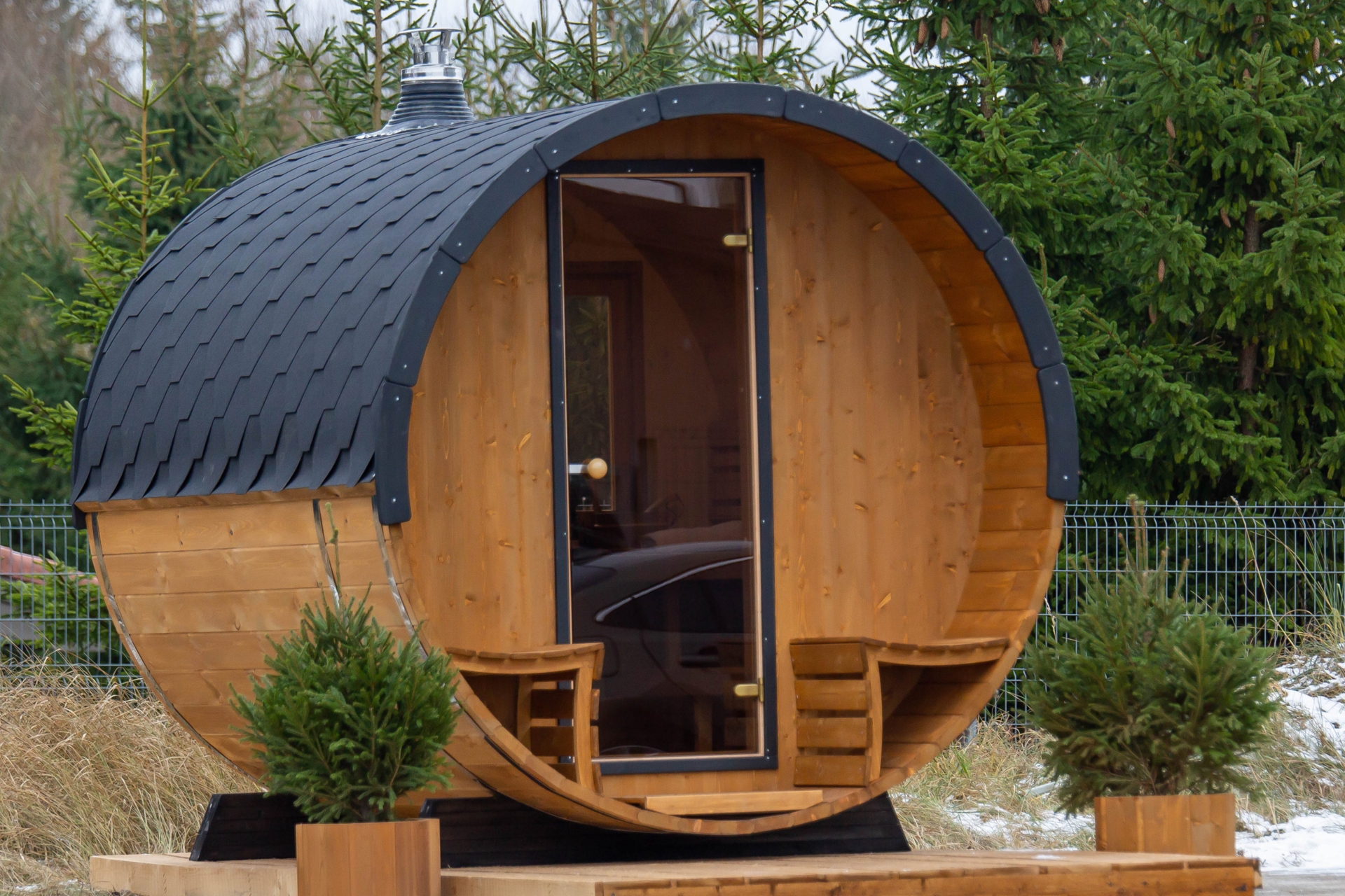 Sauna fińska zewnętrzna Lux Barrelsauna 235 x 280 cm