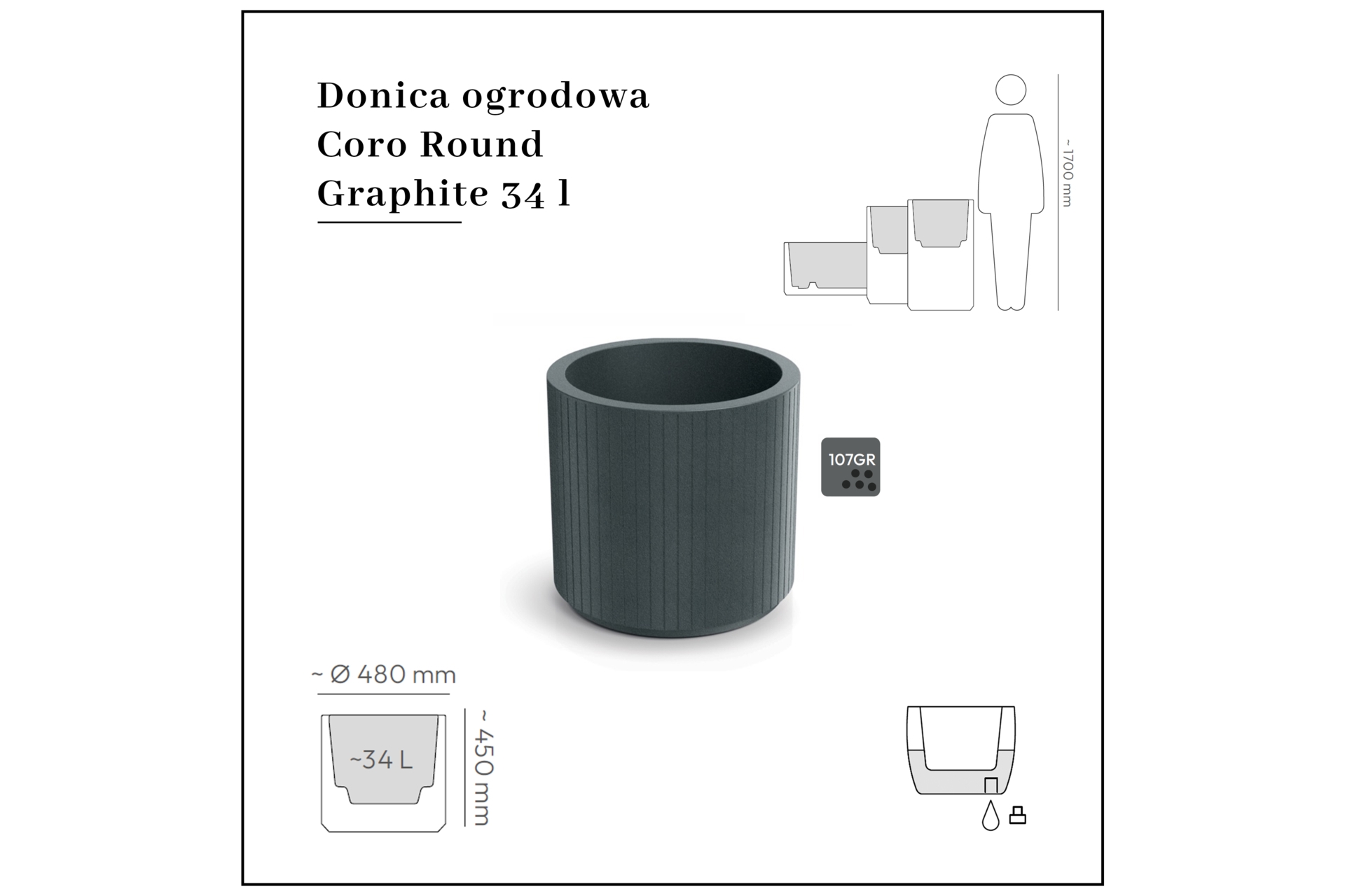 Donica ogrodowa Prosperplast Coro Round Graphite 34 l