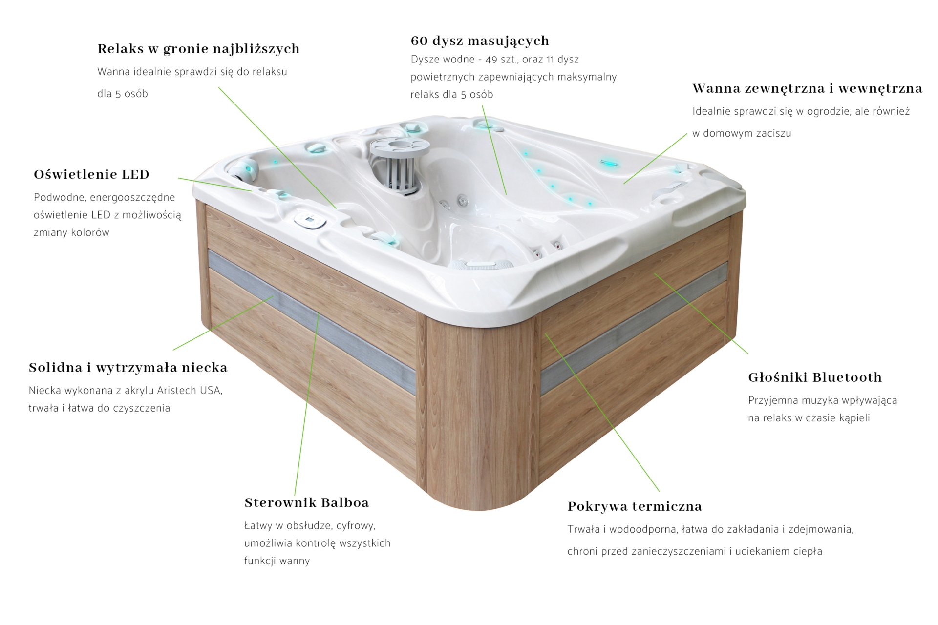 Wanna ogrodowa z hydromasażem Aquess Pleasure 5202 5-osobowa Sterling White / OAK