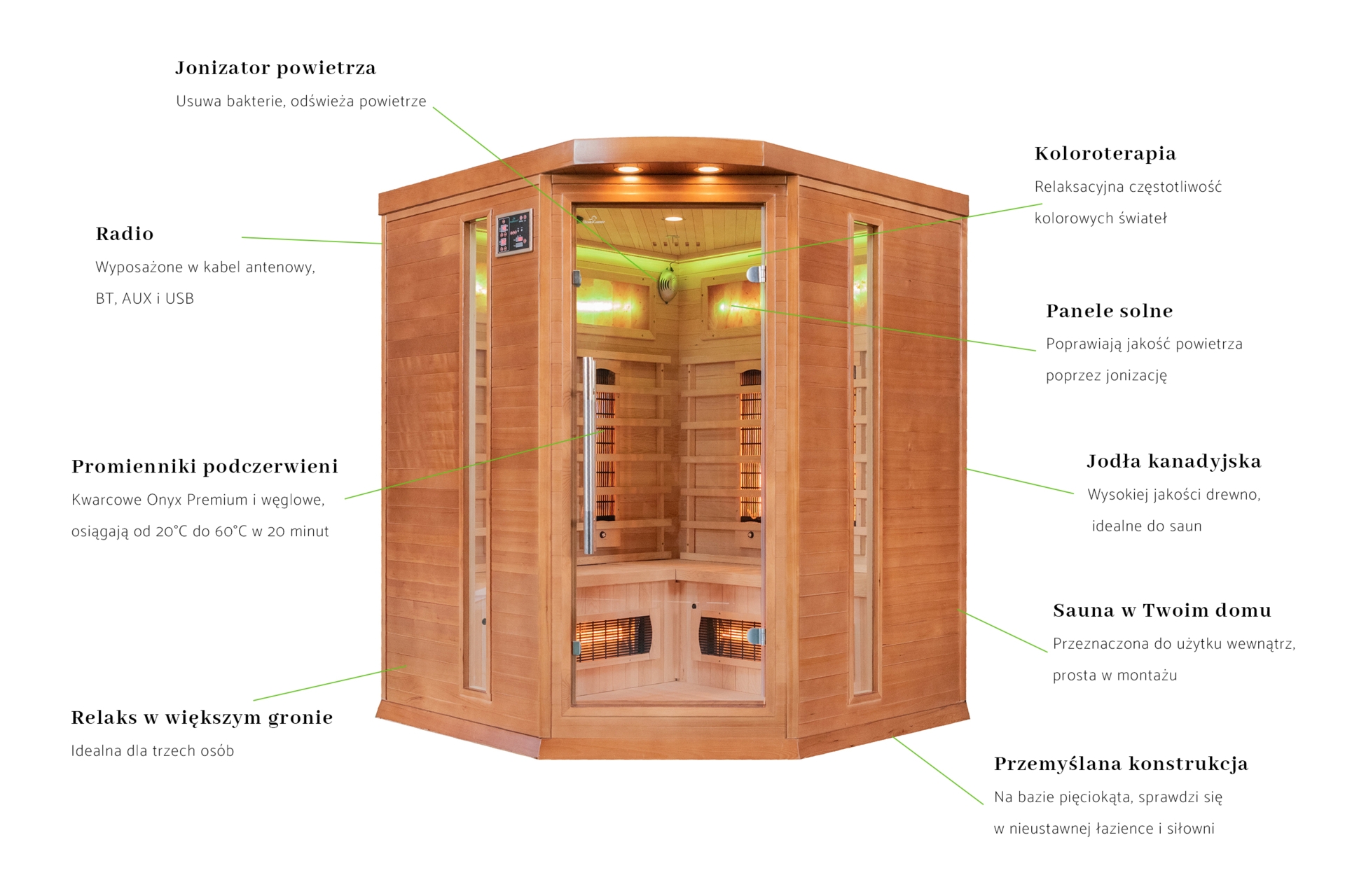 Sauna infrared narożna Nordum Classic 3-osobowa brązowa