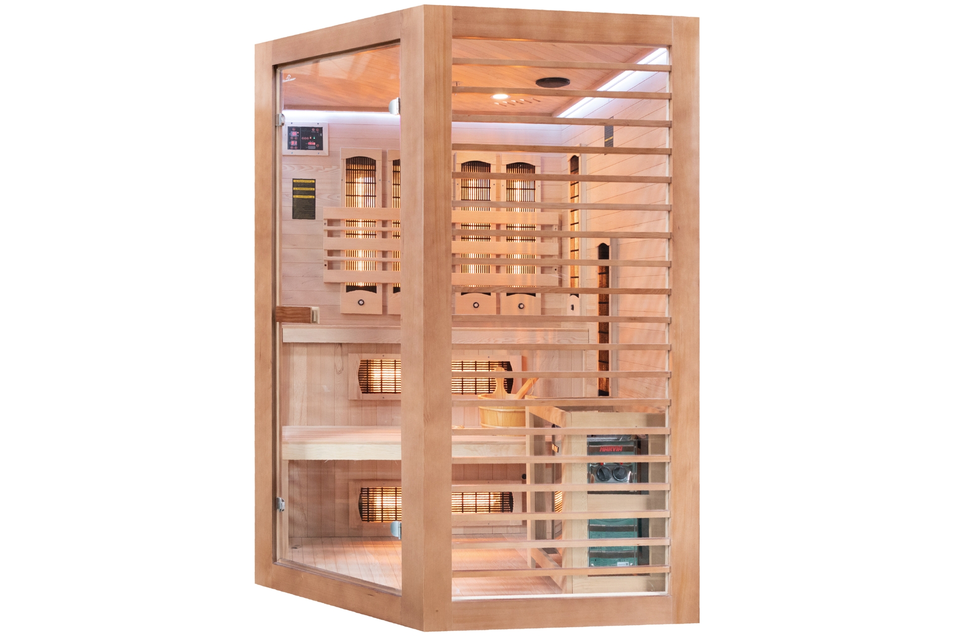 Sauna hybrydowa narożna Nordum Combi 3-osobowa brązowa - drewniana Sauna hybrydowa narożna Nordum Combi 3-osobowa brązowa