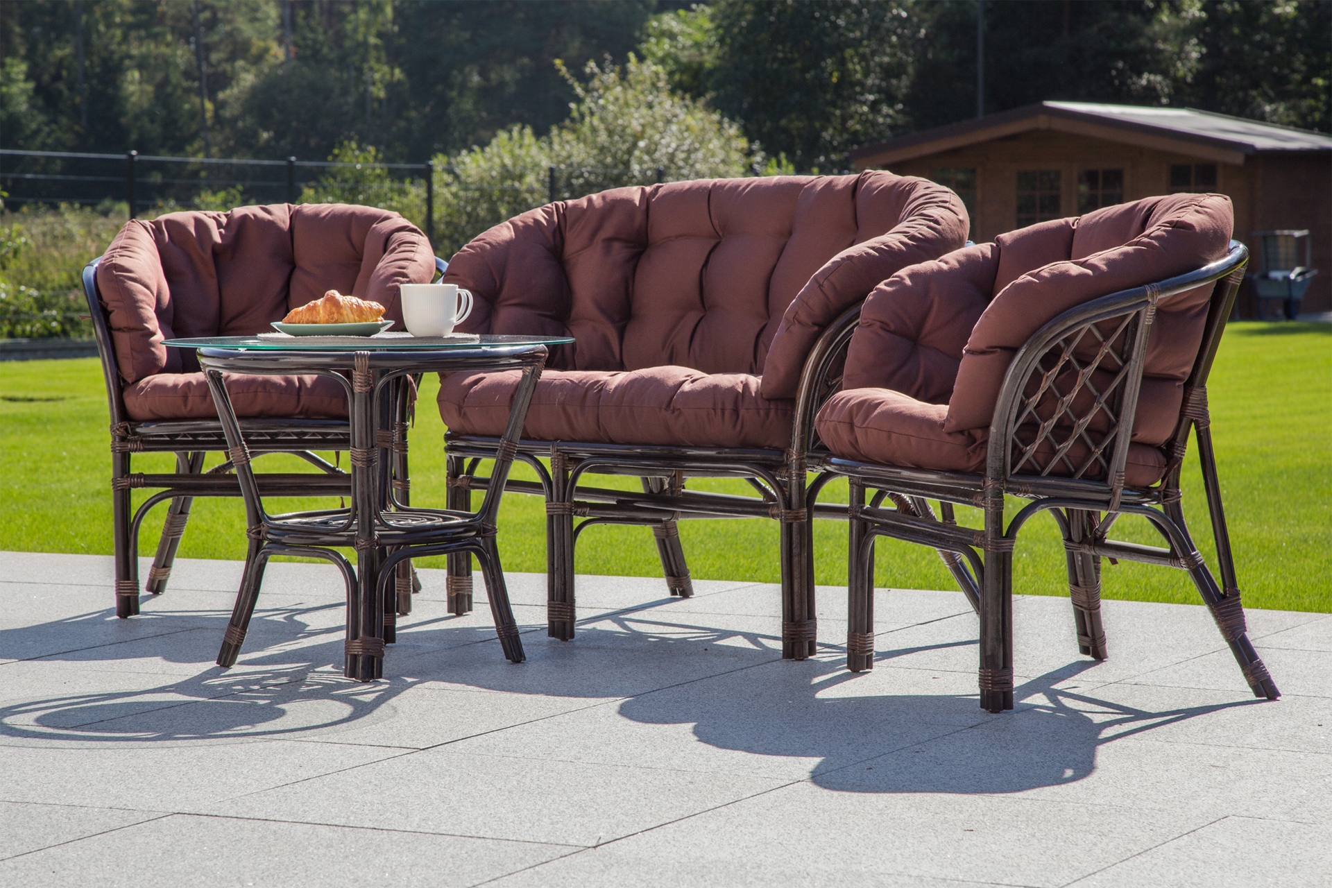 Komplet z rattanu: sofa, 2 fotele, stolik ze szklanym blatem Meble ogrodowe rattanowe Bahama Brown / Brown 3+1