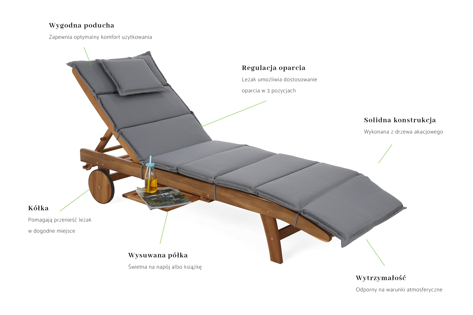 Leżanka ogrodowa drewniana Akacja z poduszką
