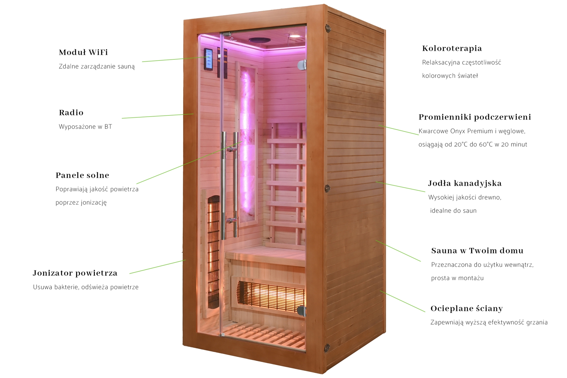 Sauna infrared Nordum Solea 1-osobowa Smart brązowa - z jodły kanadyjskiej - promienniki Sauna infrared Nordum Solea 1-osobowa Smart brązowa