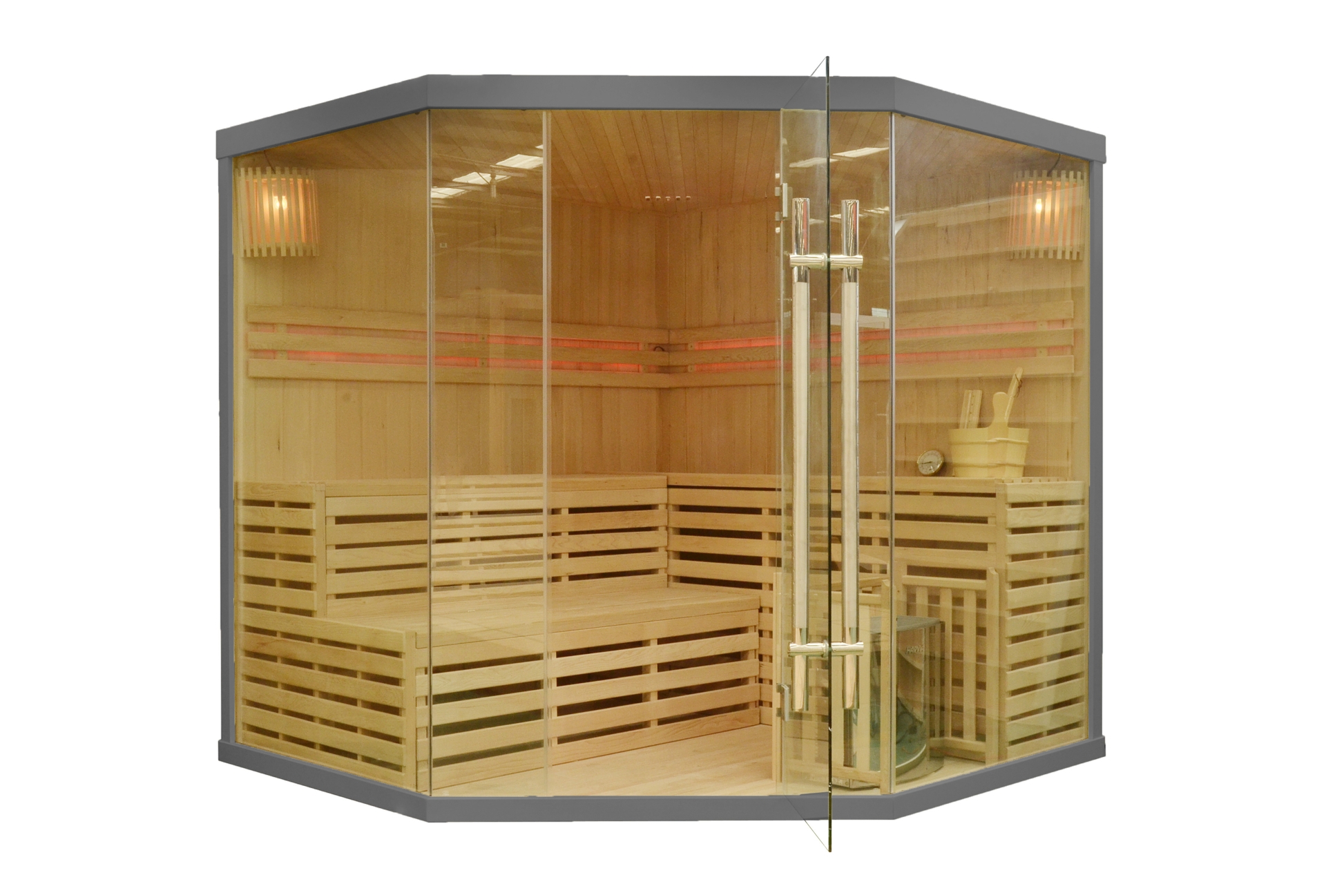 Sauna fińska narożna EA5 Grey z piecem - szara - dla 5 osób Sauna fińska narożna EA5 Grey z piecem