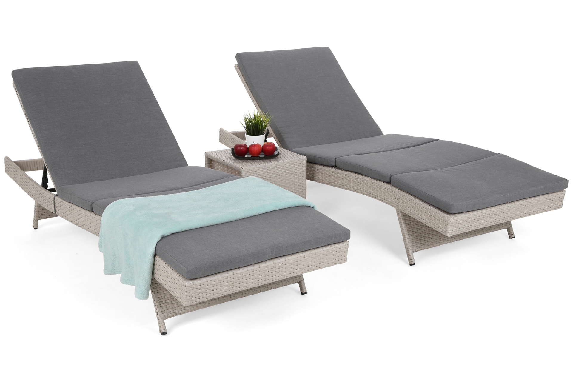 Zestaw leżanek ogrodowych Bora Bora White / Grey ze stolikiem - biały - dla 2 osób Zestaw leżaków ogrodowych z technorattanu Bora Bora White / Grey ze stolikiem