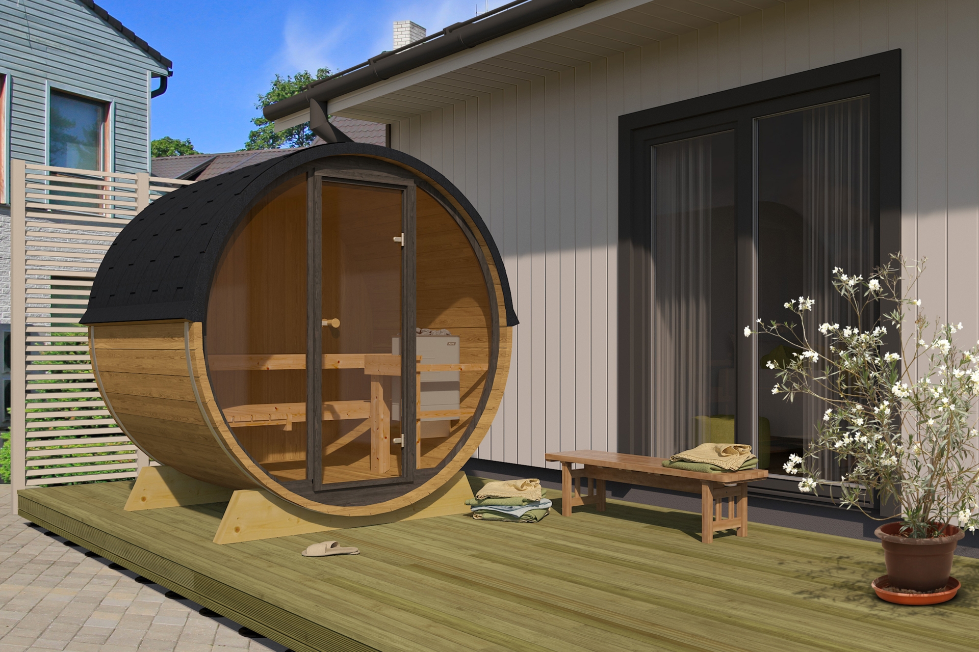 Sauna fińska zewnętrzna Terrace 160 cm - beczka Sauna fińska zewnętrzna Terrace 160 cm