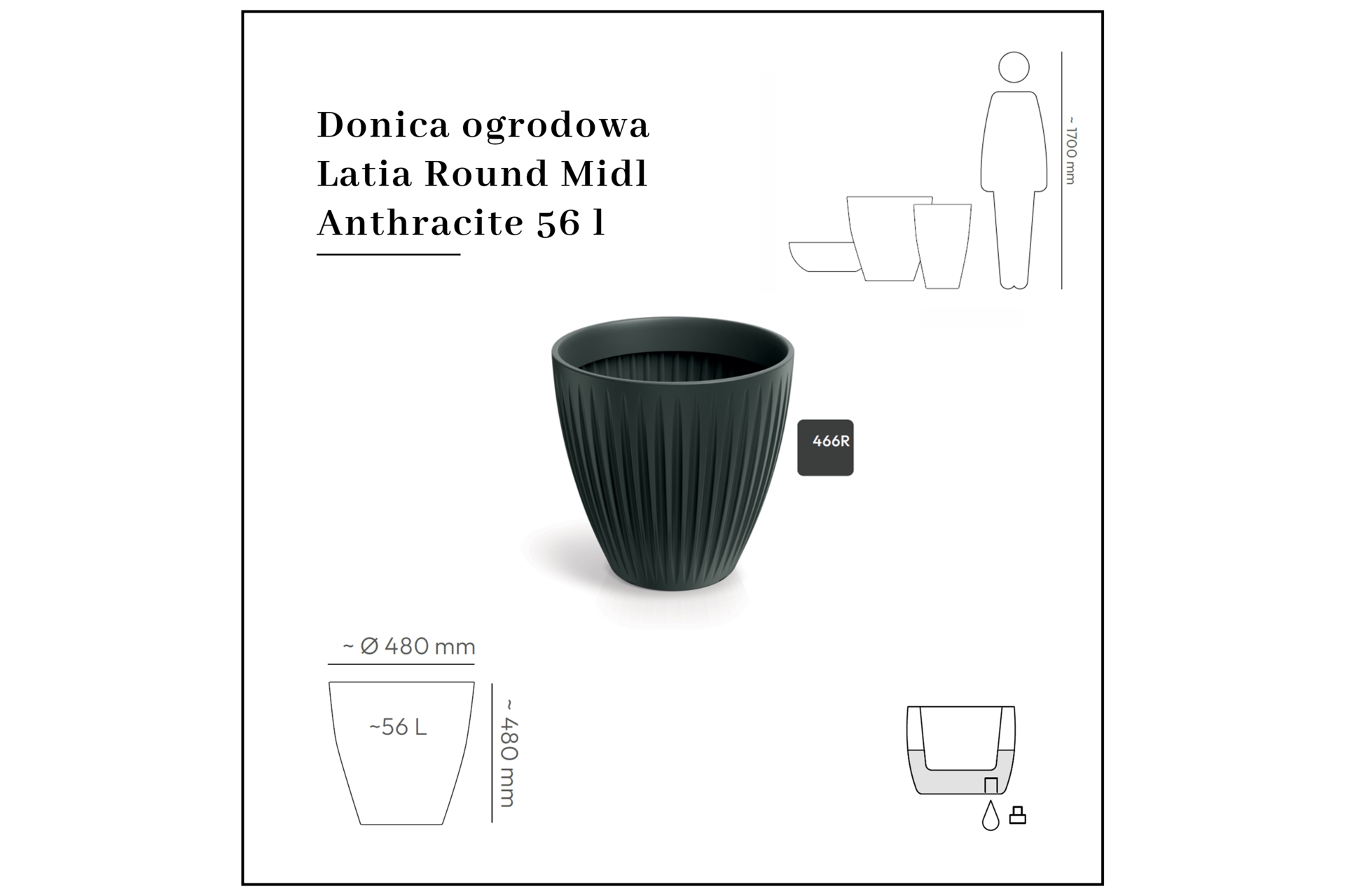 Donica ogrodowa Latia Round Midl Anthracite 56 l