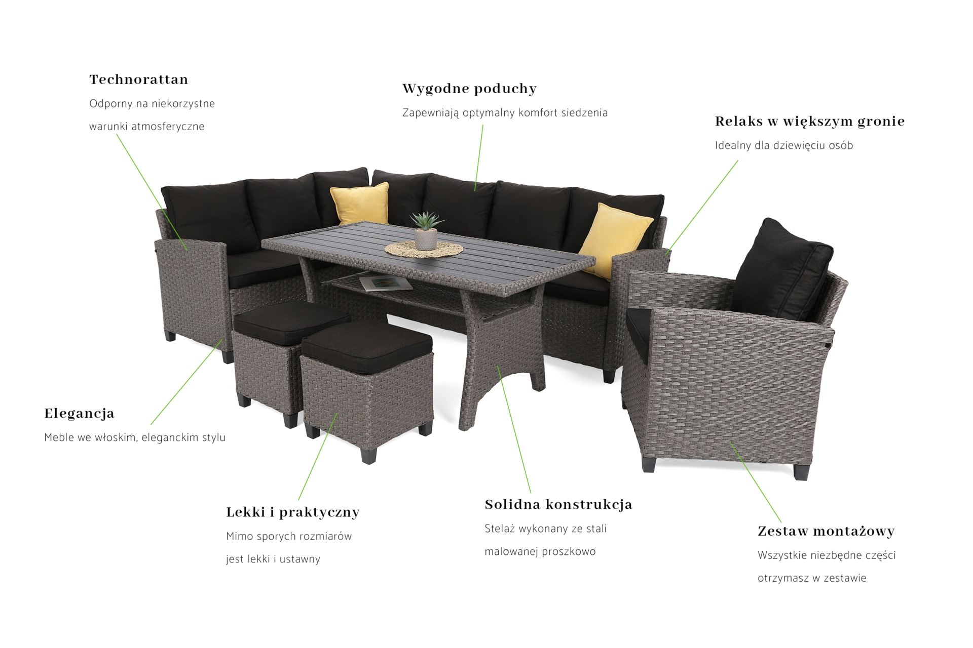 Narożne meble ogrodowe technorattanowe Lagos Muddy Grey / Black Melange