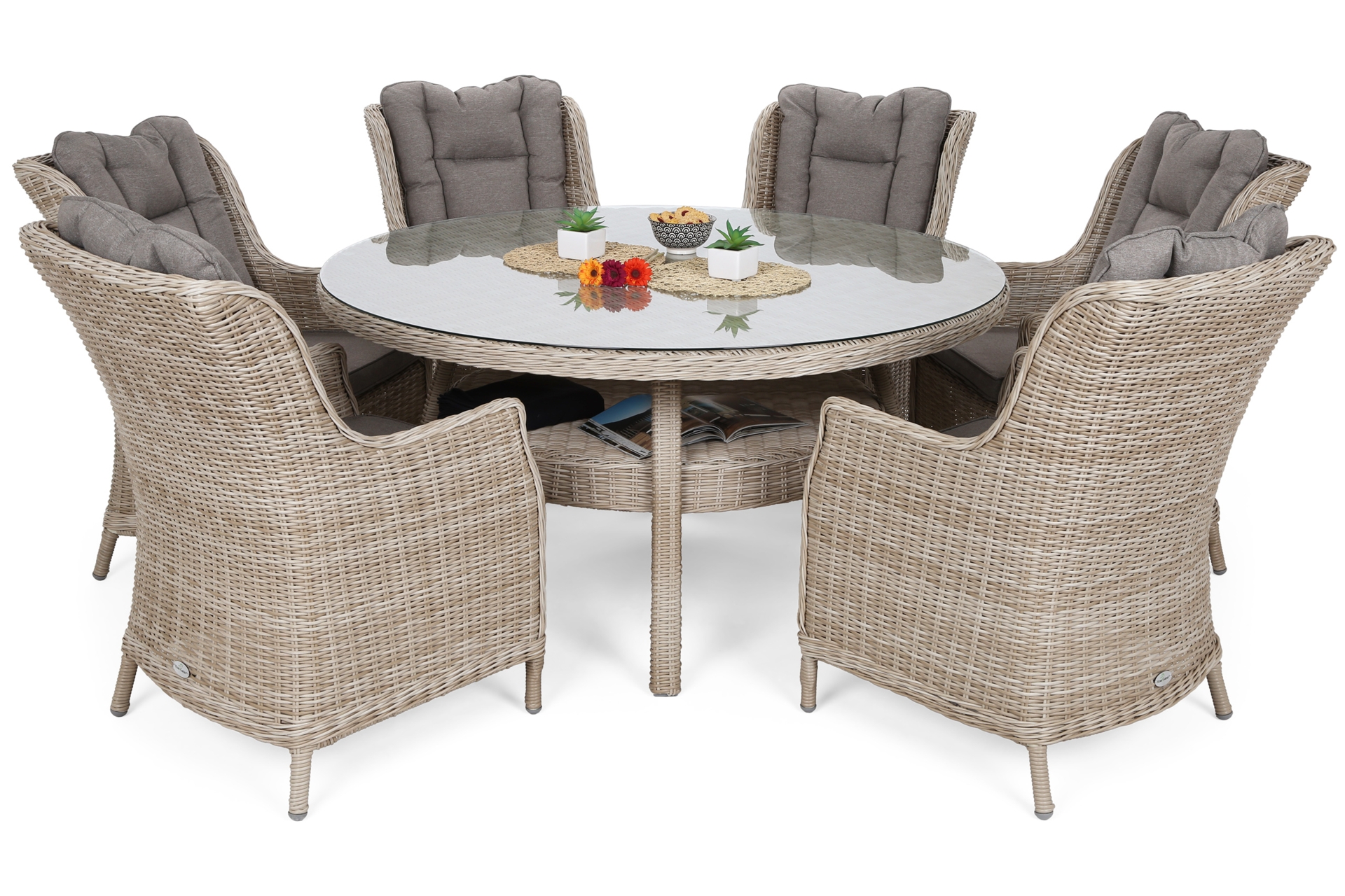 Meble ogrodowe technorattanowe Bristol Round Elegant 150 cm Beige / Beige Melange 6+1