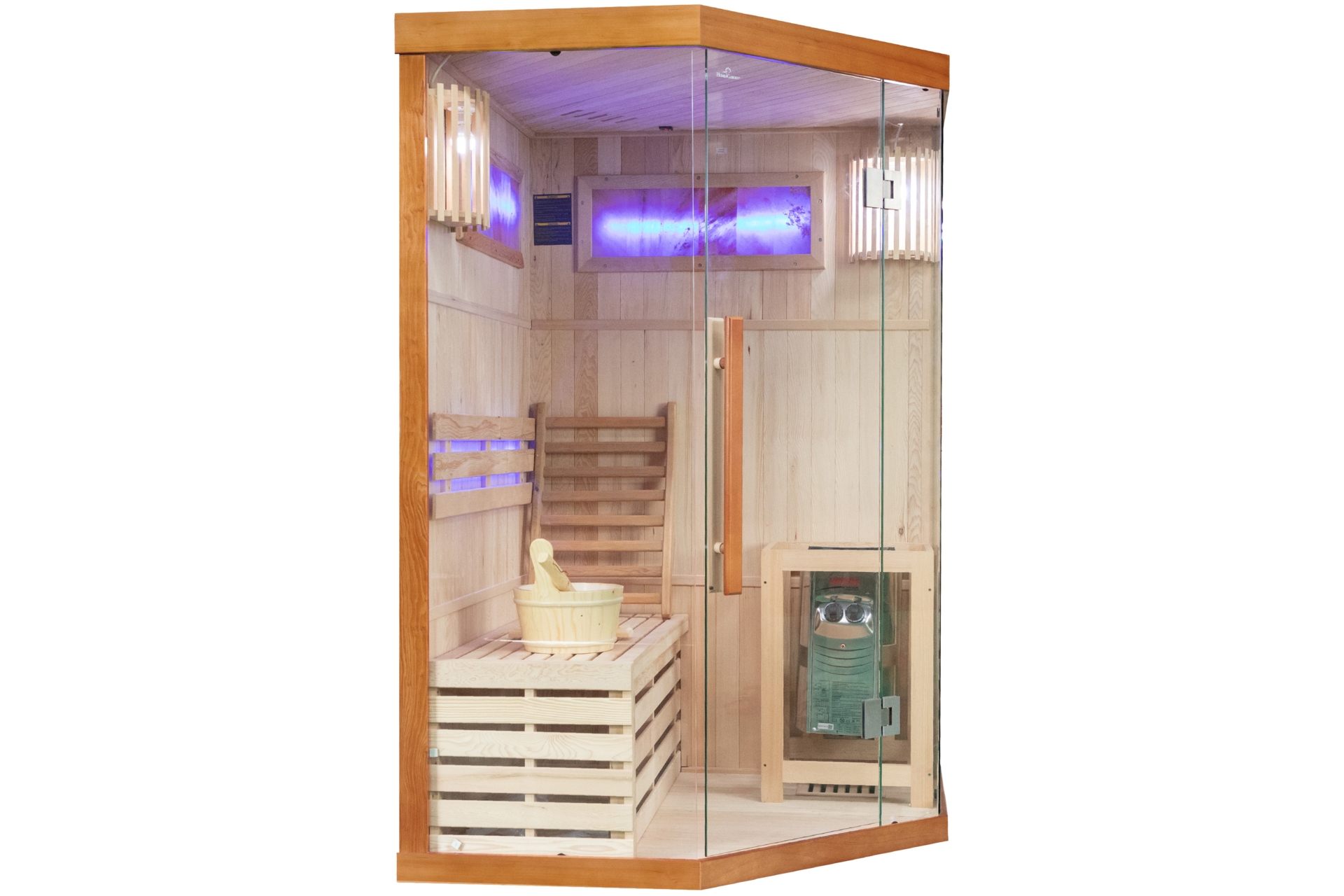 Sauna fińska narożna Nordum Solea 2-osobowa brązowa - drewniana - z panelami solnymi Sauna fińska narożna Nordum Solea 2-osobowa brązowa