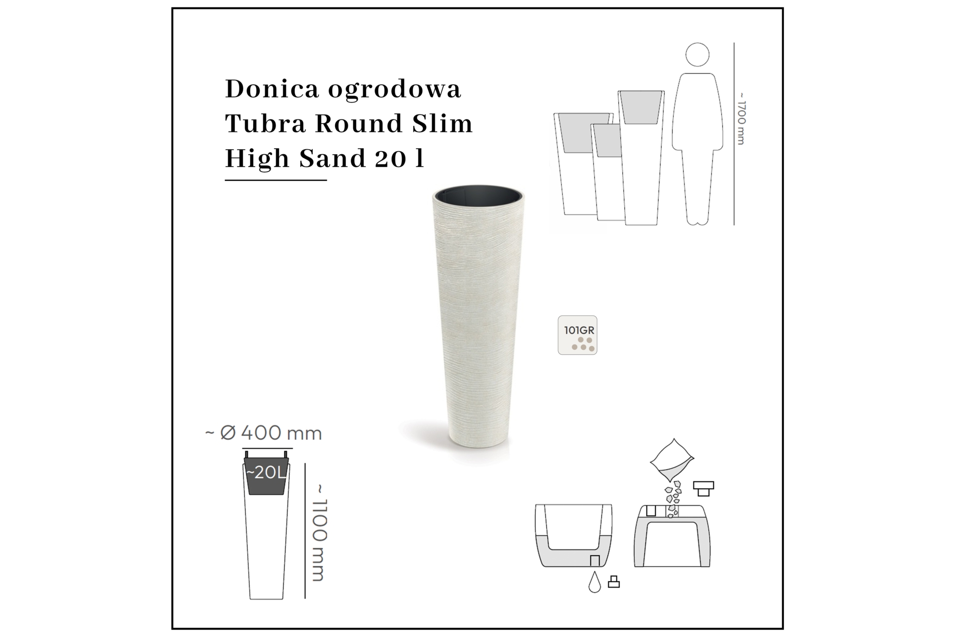 Donica ogrodowa Tubra Round Slim High Sand 20 l