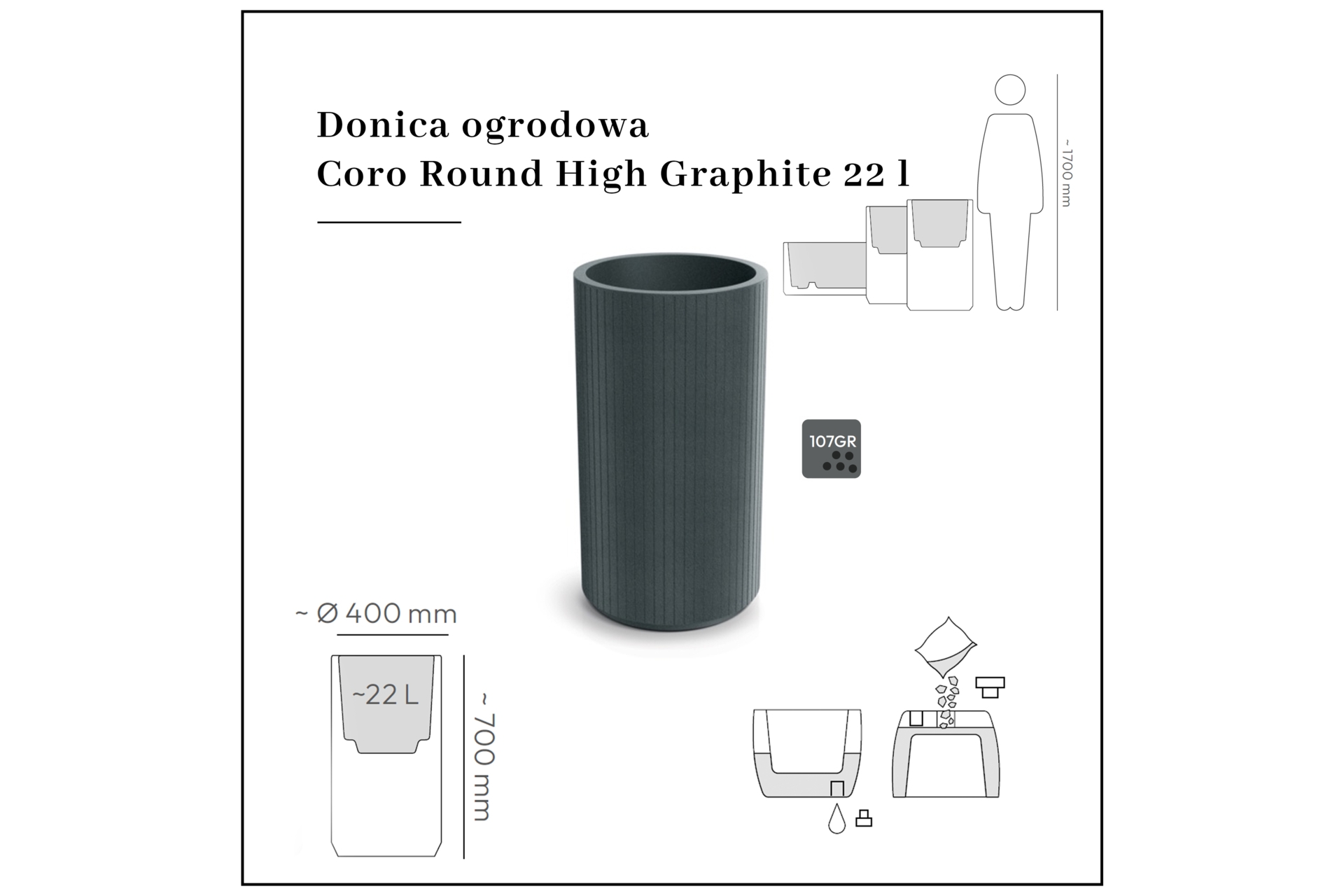 Donica ogrodowa Coro Round High Graphite 22 l