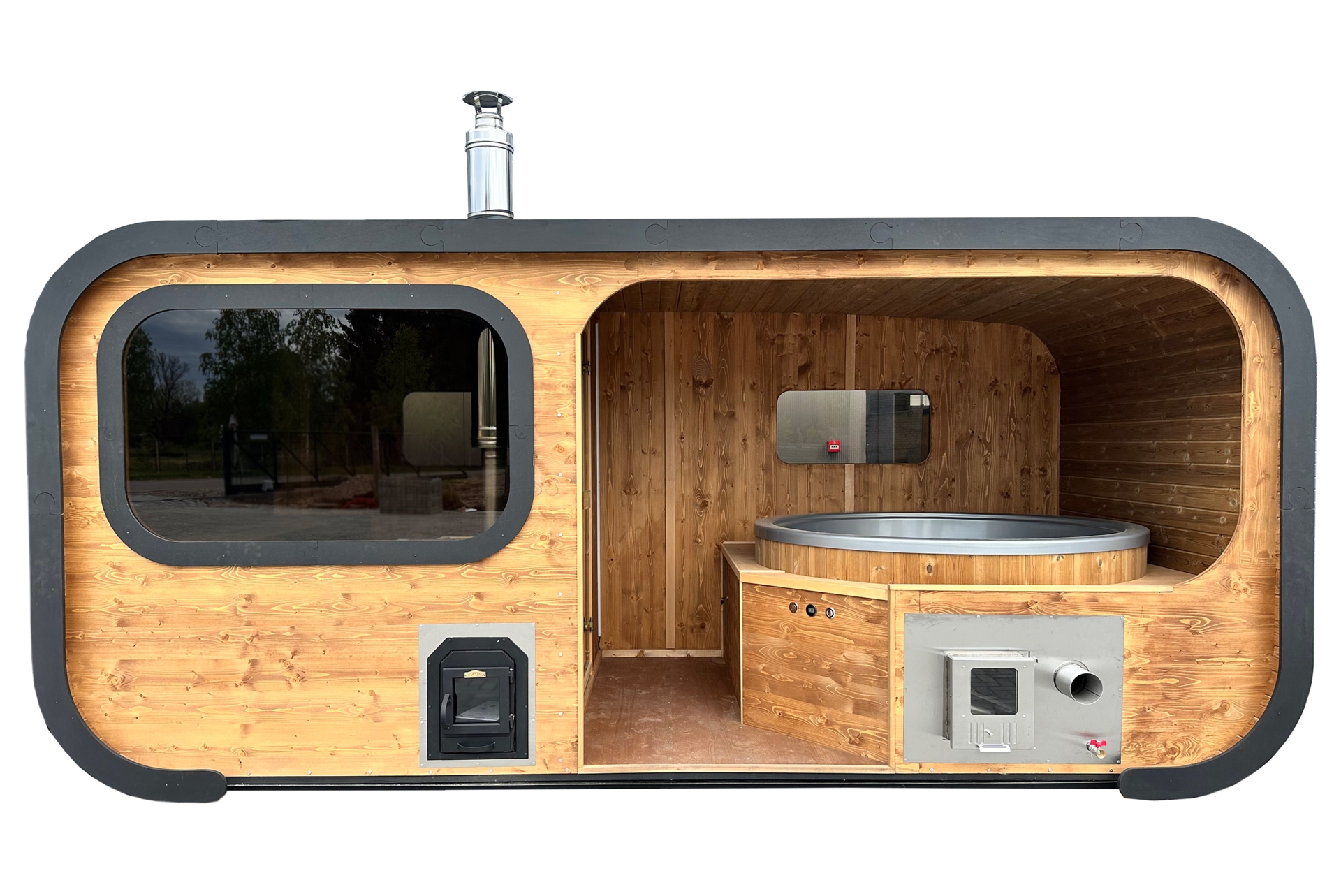 Sauna fińska zewnętrzna Hobbit Odnova z balią 220 x 500 cm