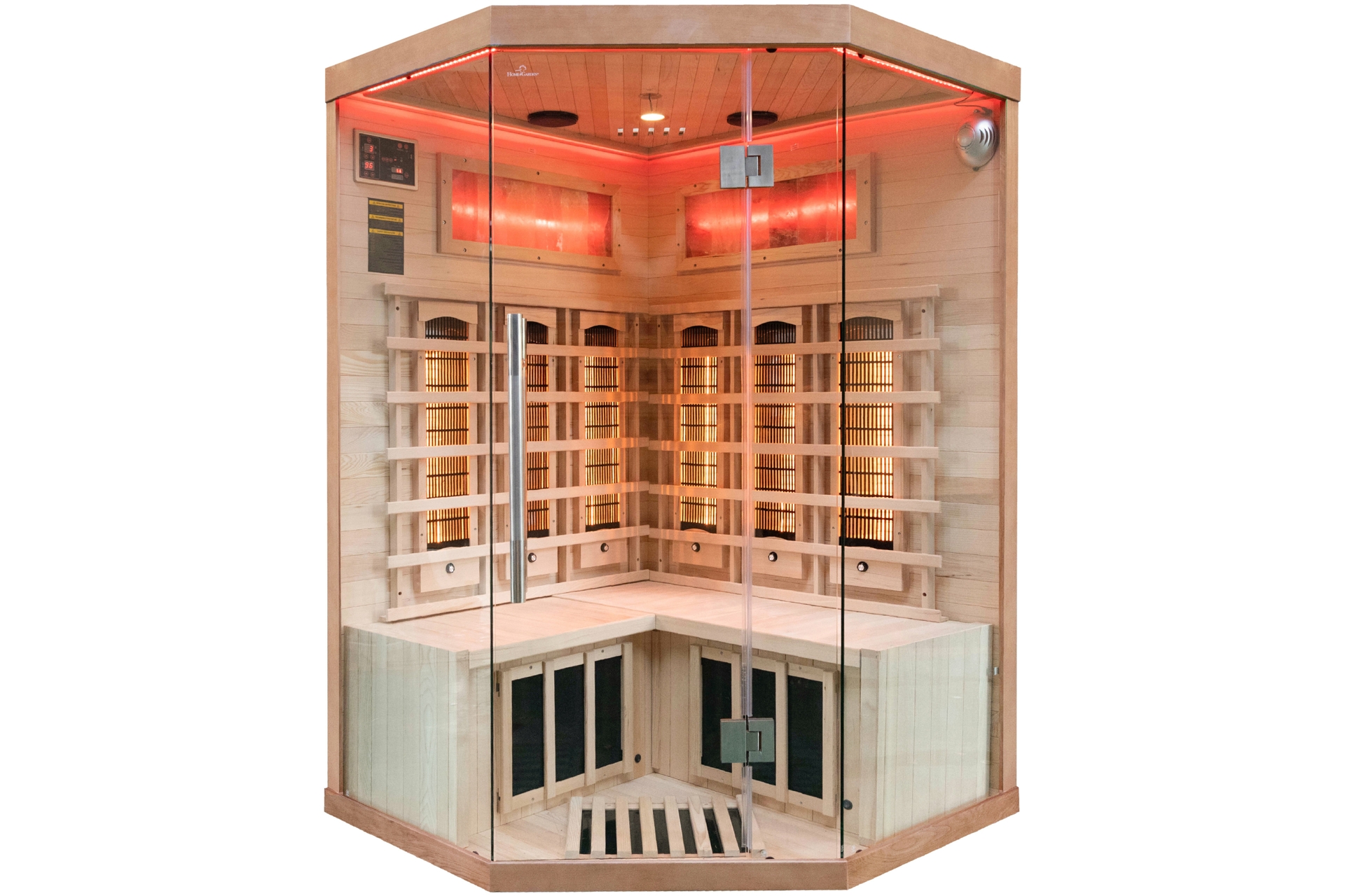 Sauna infrared narożna Nordum Solea 2-osobowa WiFi brązowa - z panelami solnymi Sauna infrared narożna Nordum Solea 2-osobowa WiFi brązowa