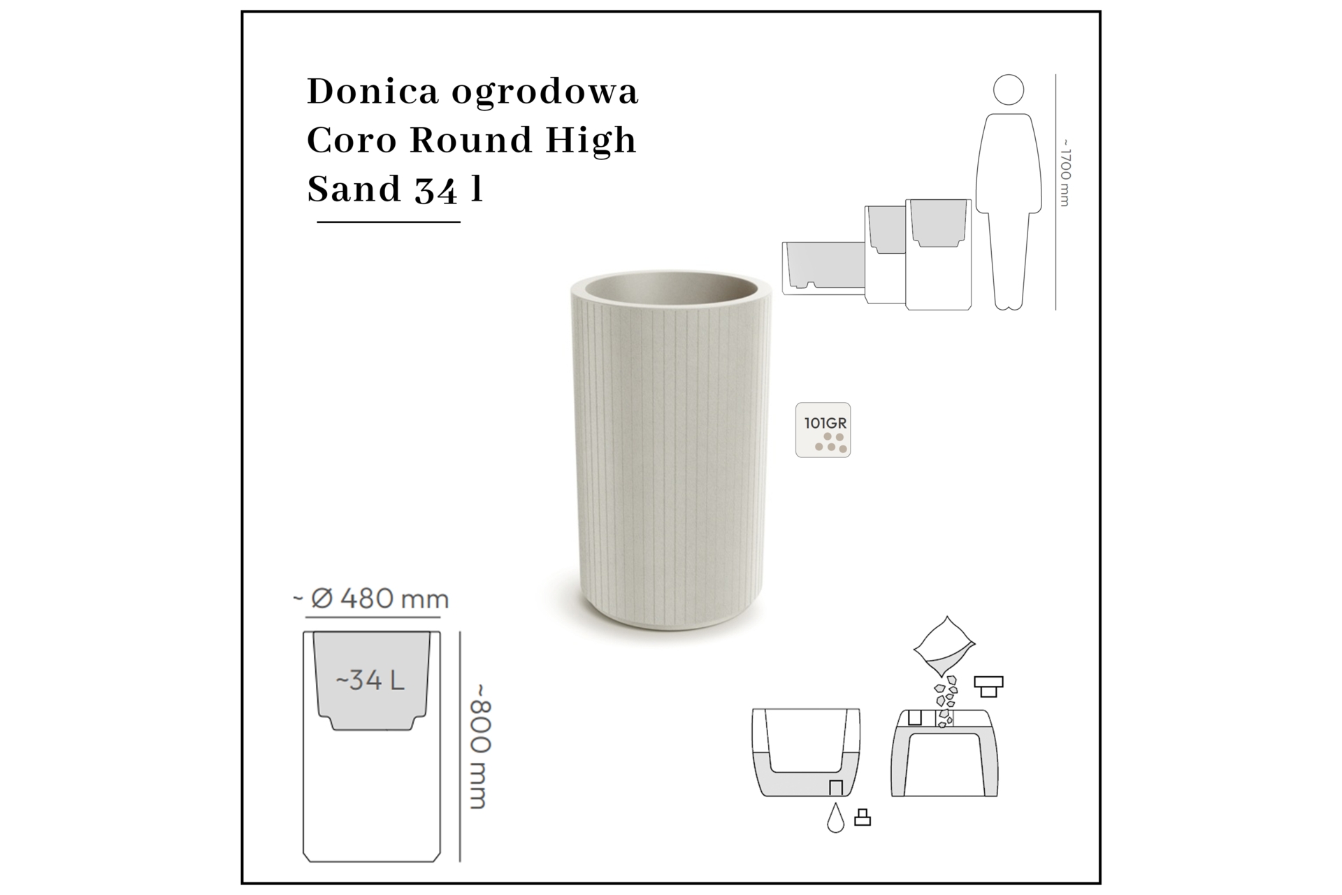 Donica ogrodowa Prosperplast Coro Round High Sand 34 l