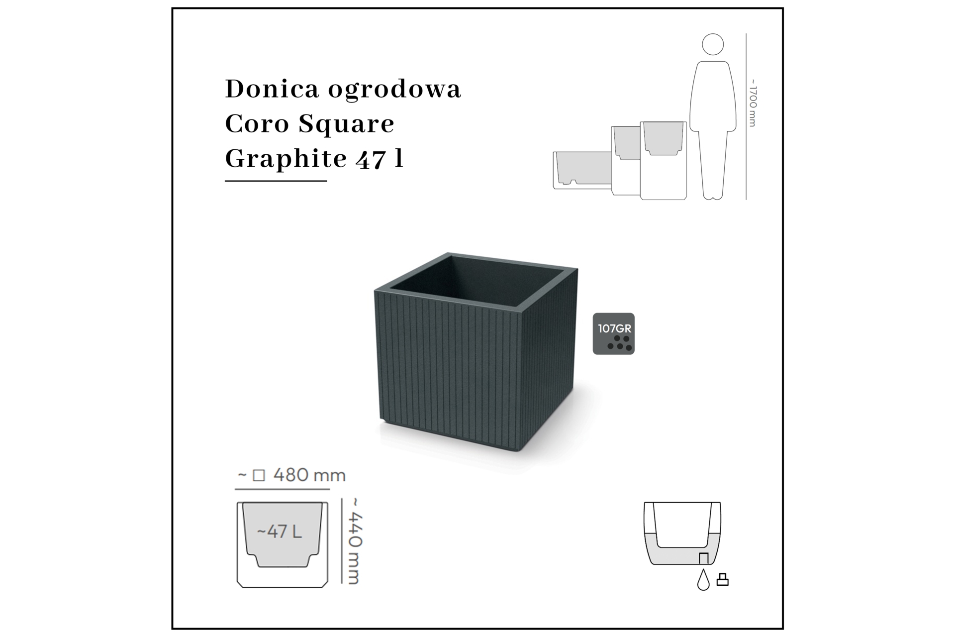 Donica ogrodowa Prosperplast Coro Square Graphite 47 l